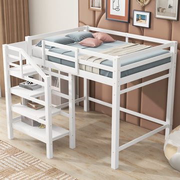 Full Size Loft Bed With Built In Storage Staircase And Hanger For Clothes, White Box Spring Not Required Full White Wood Bedroom Pine