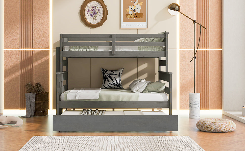 Wood Twin Over Full Bunk Bed With Twin Size Trundle, Gray Box Spring Not Required Gray Wood Bedroom Solid Wood Mdf