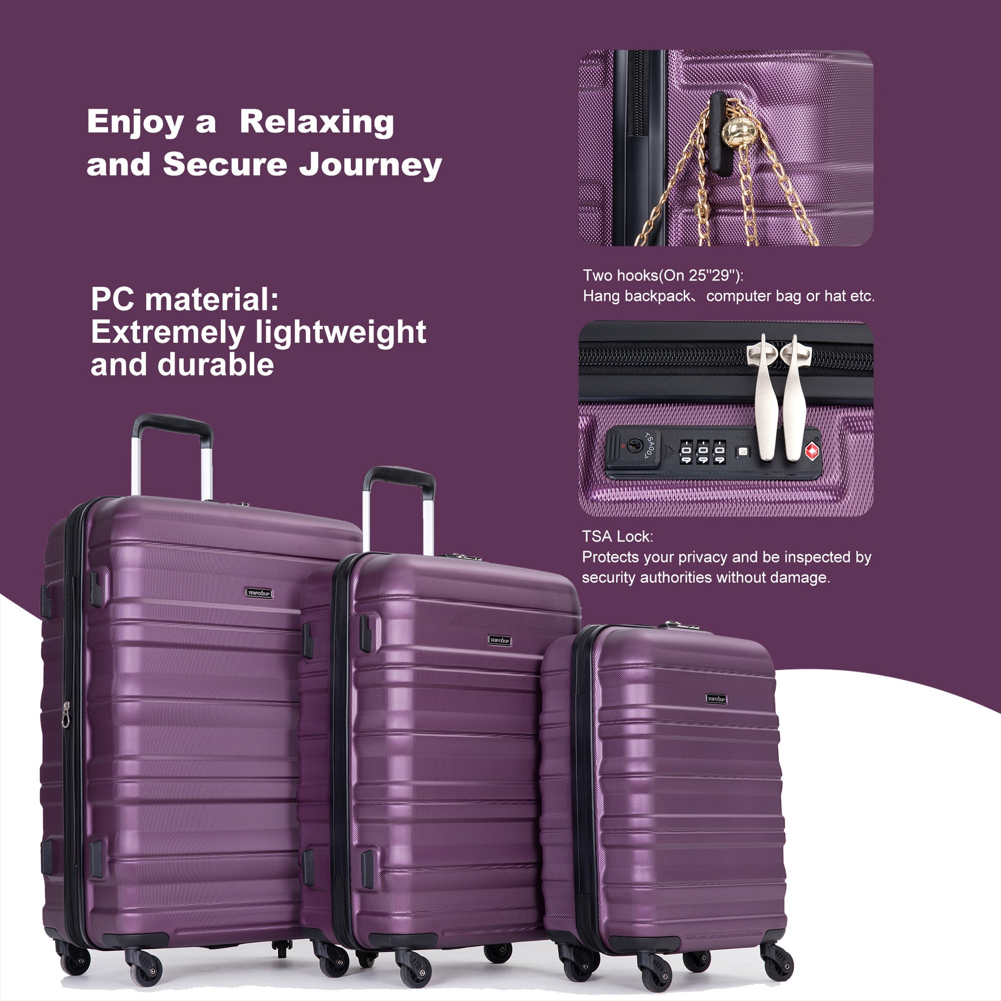 Expandable 3 Piece Luggage Sets Pc Lightweight & Durable Suitcase With Two Hooks, Spinner Wheels, Tsa Lock, 21 25 29 Dark Purple Dark Purple Pc