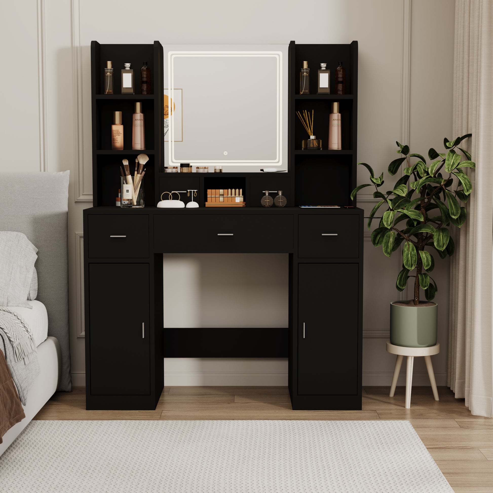 Newly Designed Smart Mirror Dressing Table With Drawers And Storage Cabinet, Dressing Table With Dressing Pad For Bedroom, Dressing Room Black Bedroom American Design Mdf Glass