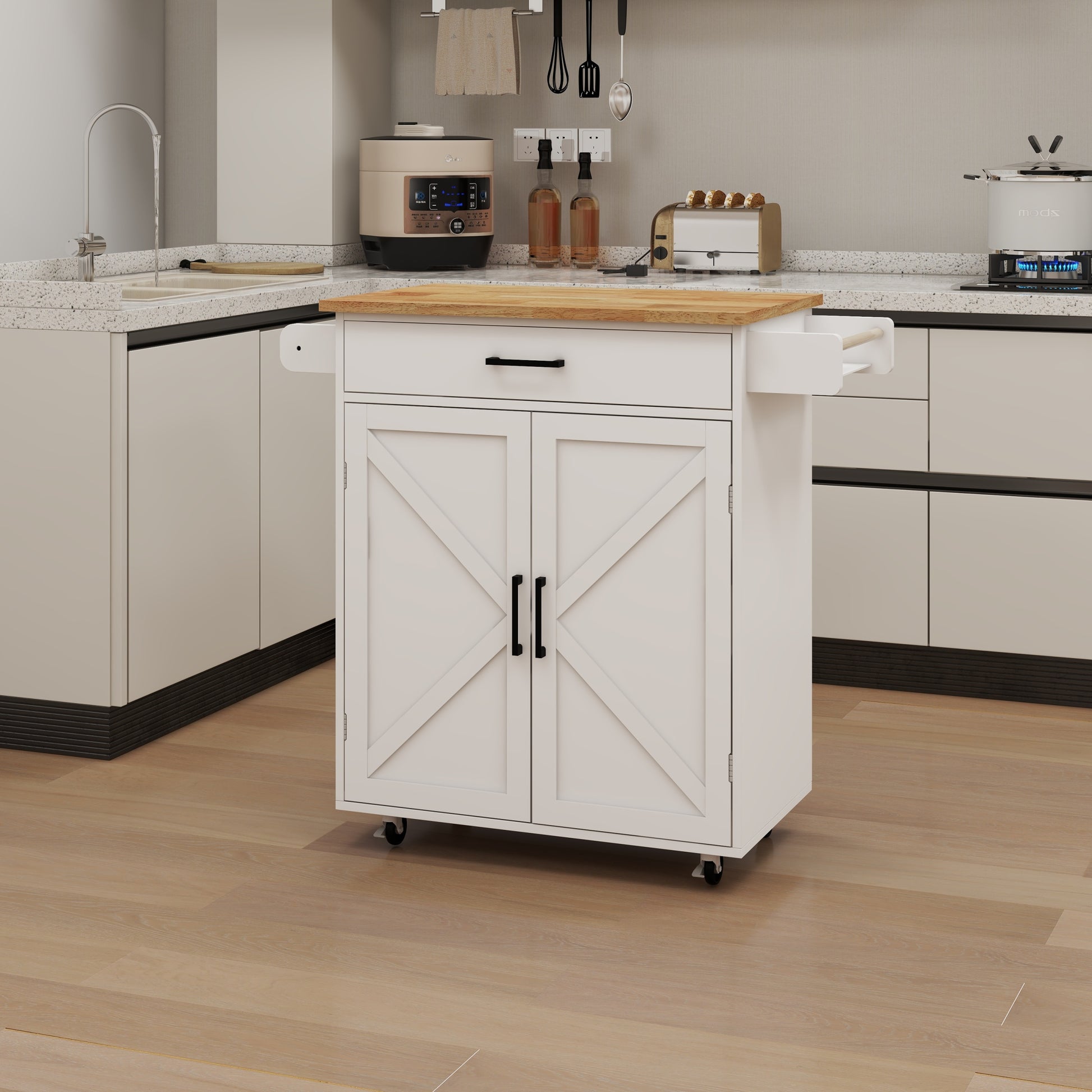 Kitchen Island Rolling Trolley Cart With Adjustable Shelves & Towel Rack & Seasoning Rack Rubber Wood Table Top White White Mdf