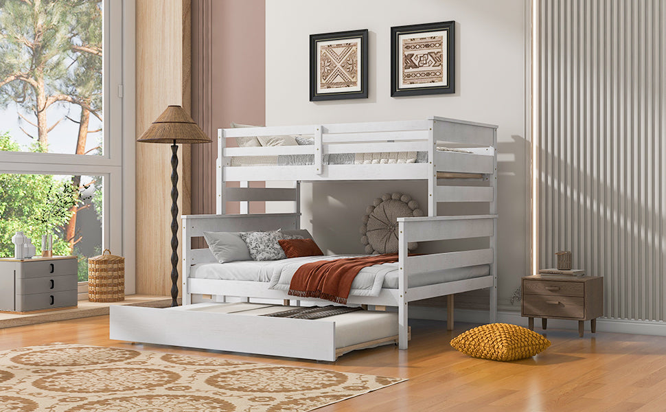 Wood Twin Over Full Bunk Bed With Twin Size Trundle, White Box Spring Not Required White Wood Bedroom Solid Wood Mdf