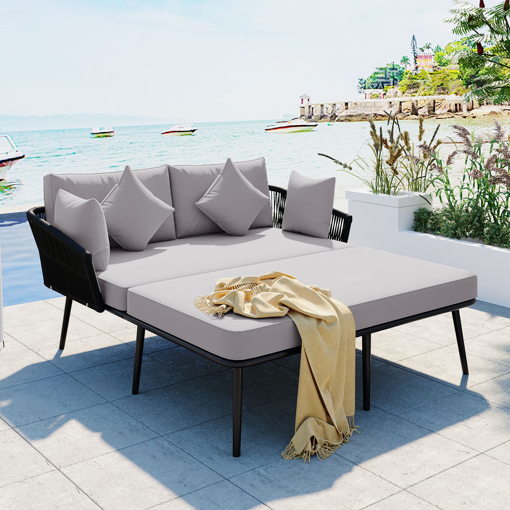 Outdoor Patio Daybed, Woven Nylon Rope Backrest With Washable Cushions For Balcony, Poolside, Set For 2 Person, Gray Yes Complete Patio Set Black Gray Weather Resistant Frame Stain Resistant Cushions Garden & Outdoor Casual Complete Patio Sets Foam Pvc