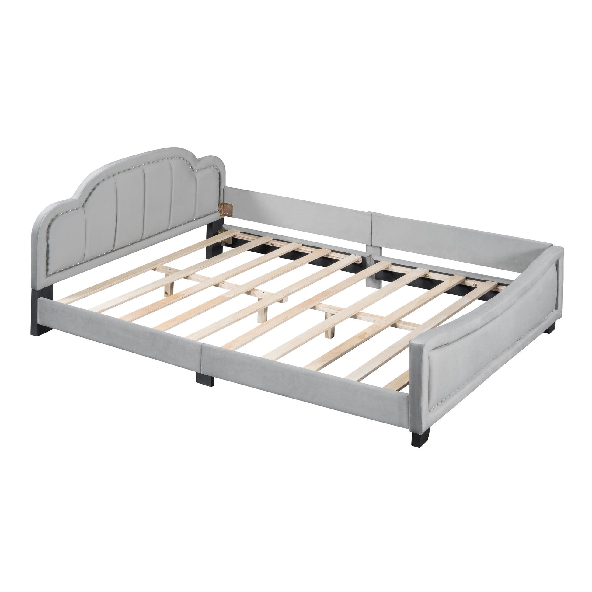 Full Size Upholstered Daybed With Cloud Shaped Headboard, Embedded Elegant Copper Nail Design, Gray Gray Velvet