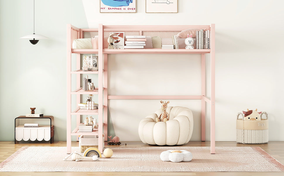 Full Size Metal Loft Bed With 4 Tier Shelves And Storage, Pink Full Pink Metal