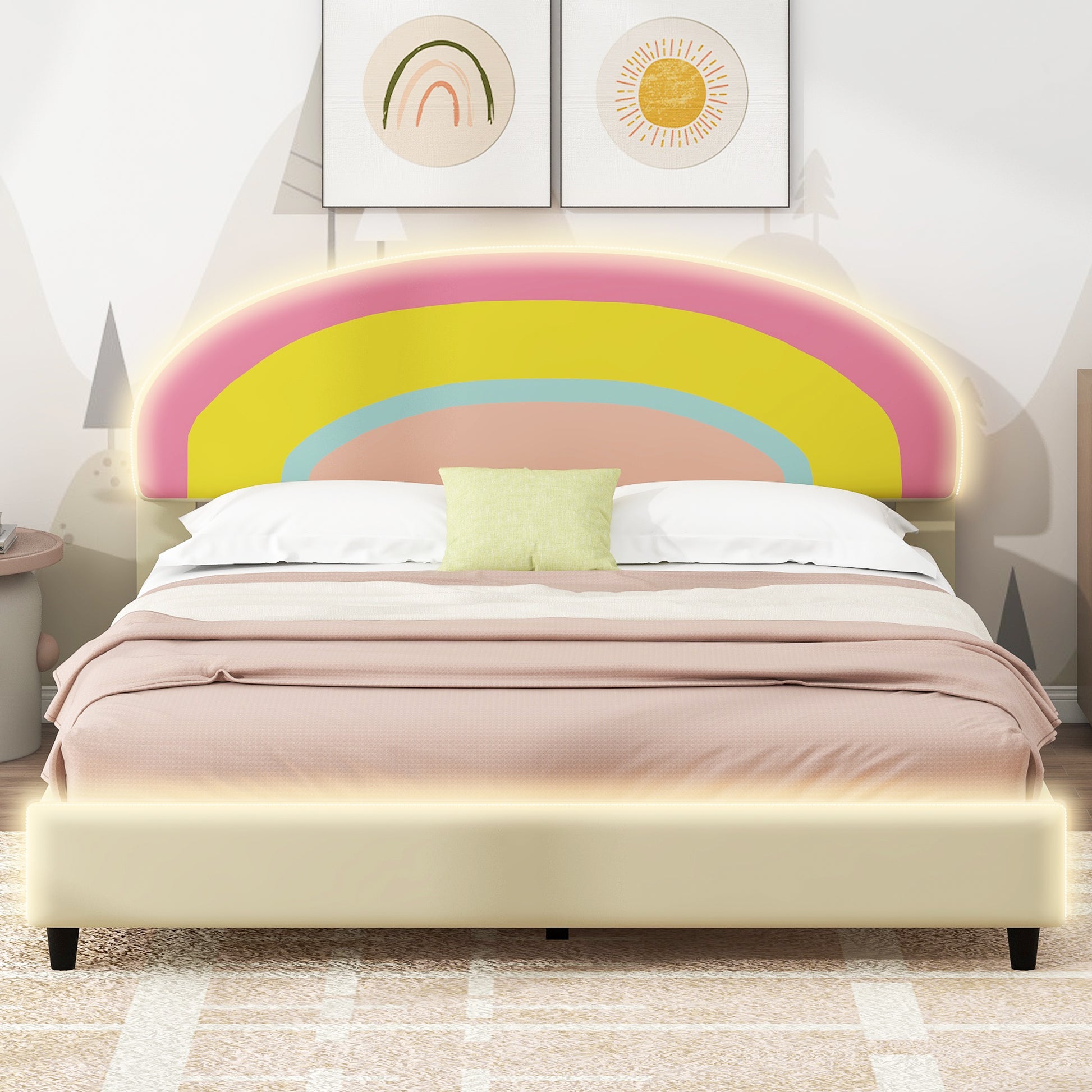 Full Size Upholstered Platform Bed With Rainbow Shaped And Height Adjustbale Headboard,Led Light Strips,Beige Beige Upholstered