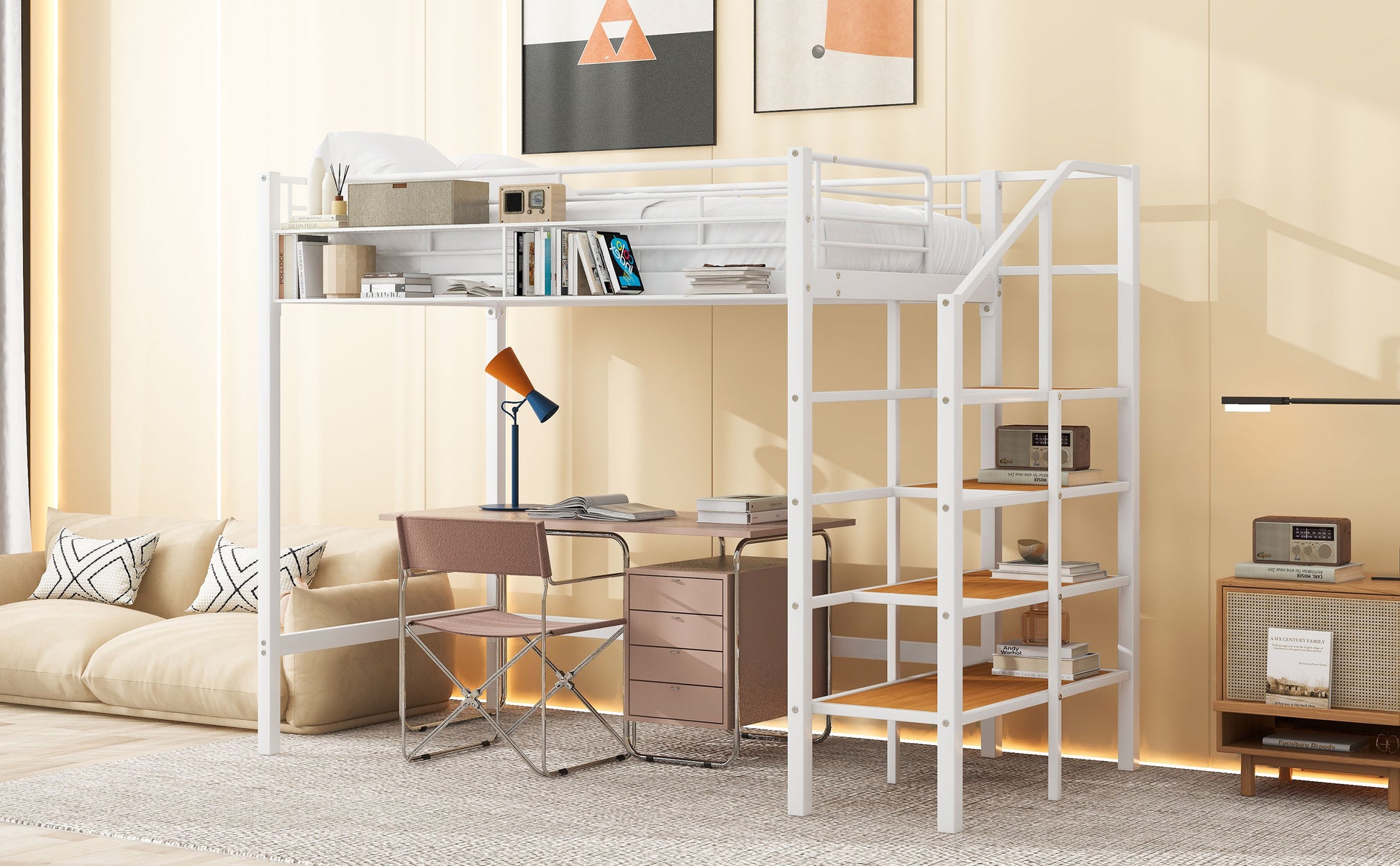 Twin Size Metal Loft Bed With Upper Grid Storage Shelf And Lateral Storage Ladder, White White Mdf Metal