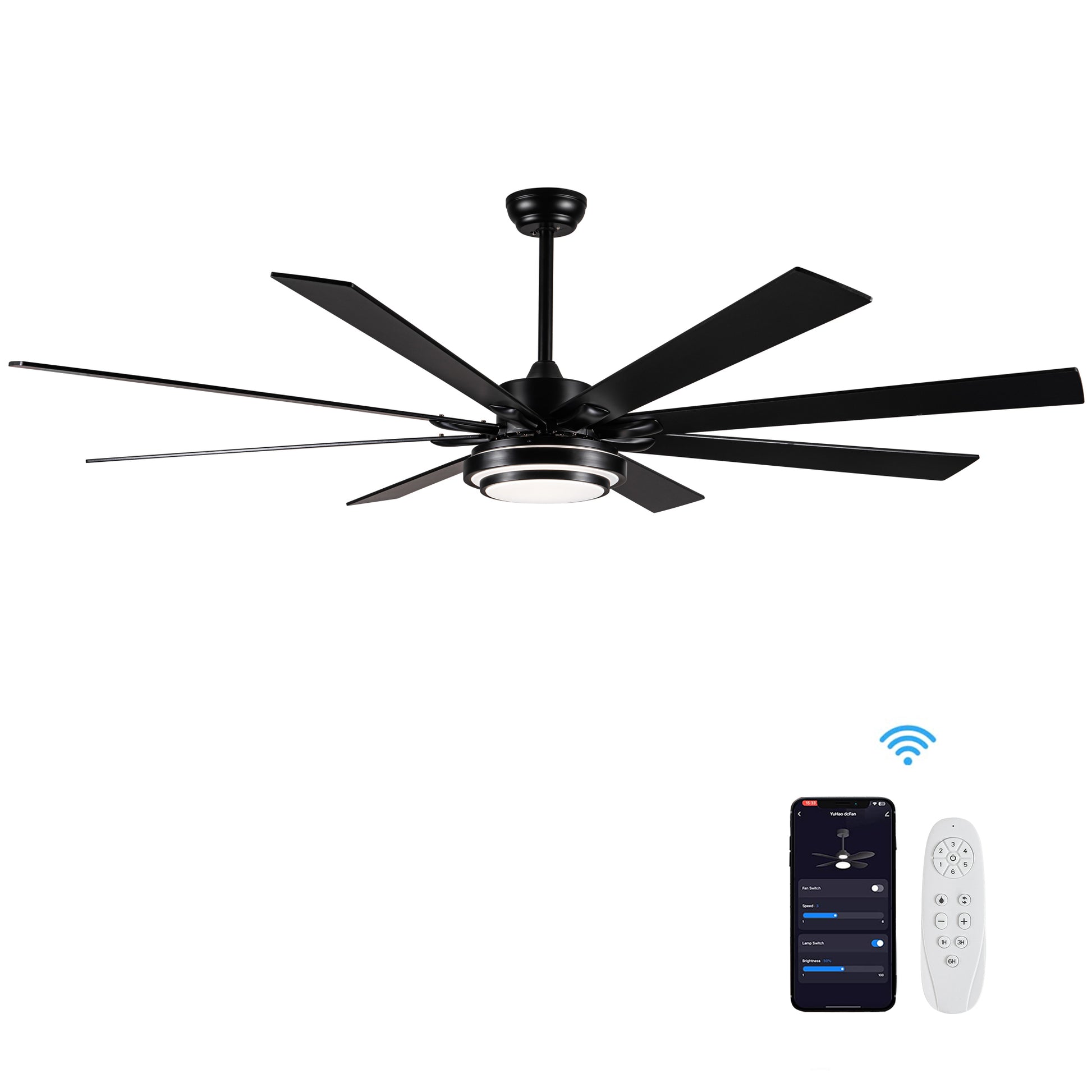 72" Integrated Led Matte Black Large Smart Ceiling Fan With Remote Control Black Plywood Metal