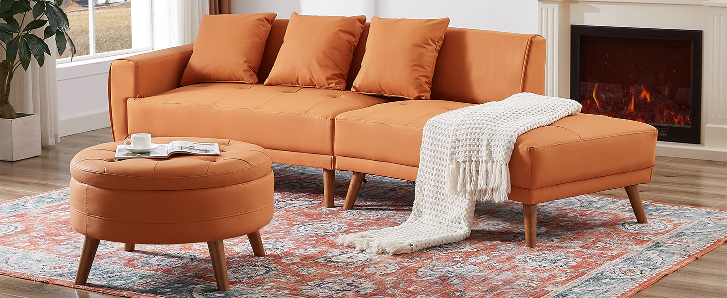 107" Contemporary Sofa Stylish Sofa Couch With A Round Storage Ottoman And Three Removable Pillows For Living Room, Orange Orange Pu
