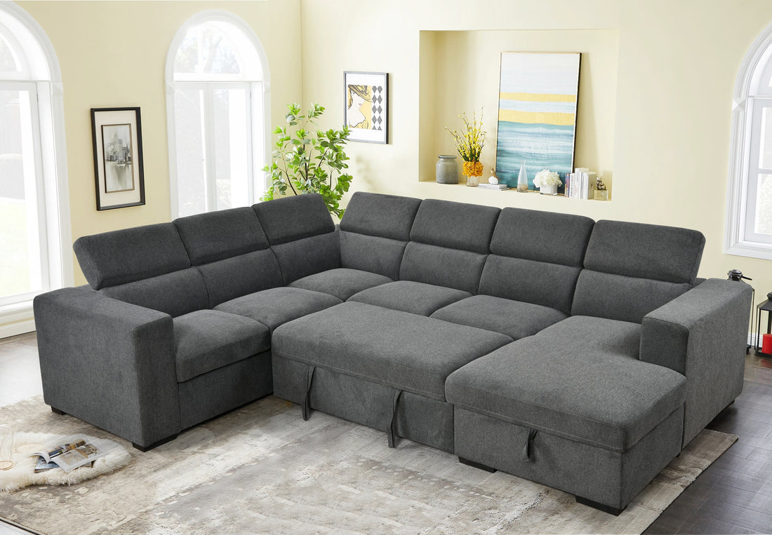 123" 4 In 1 Modern U Shaped 7 Seat Sectional Sofa Couch With Adjustable Headrest, Sofa Bed With Storage Chaise,Pull Out Couch Bed For Living Room ,Dark Gray Light Brown Wood Primary Living Space Medium Duty Eucalyptus 7 Seat Dark Gray Polyester Soft