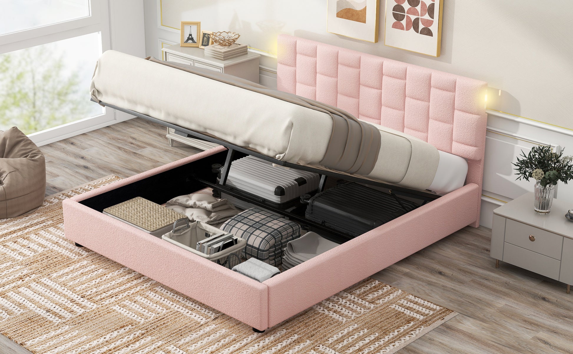 Queen Size Upholstered Platform Bed With Height Adjustable Headboard And Under Bed Storage Space,Pink Pink Upholstered