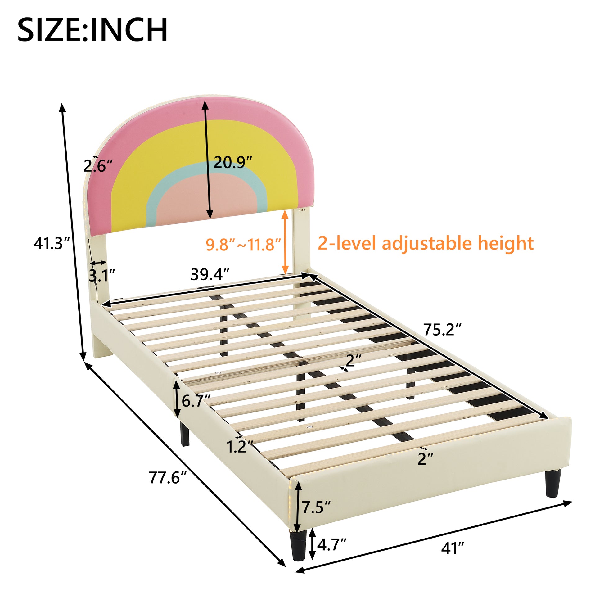 Twin Size Upholstered Platform Bed With Rainbow Shaped And Height Adjustbale Headboard,Led Light Strips,Beige Beige Upholstered