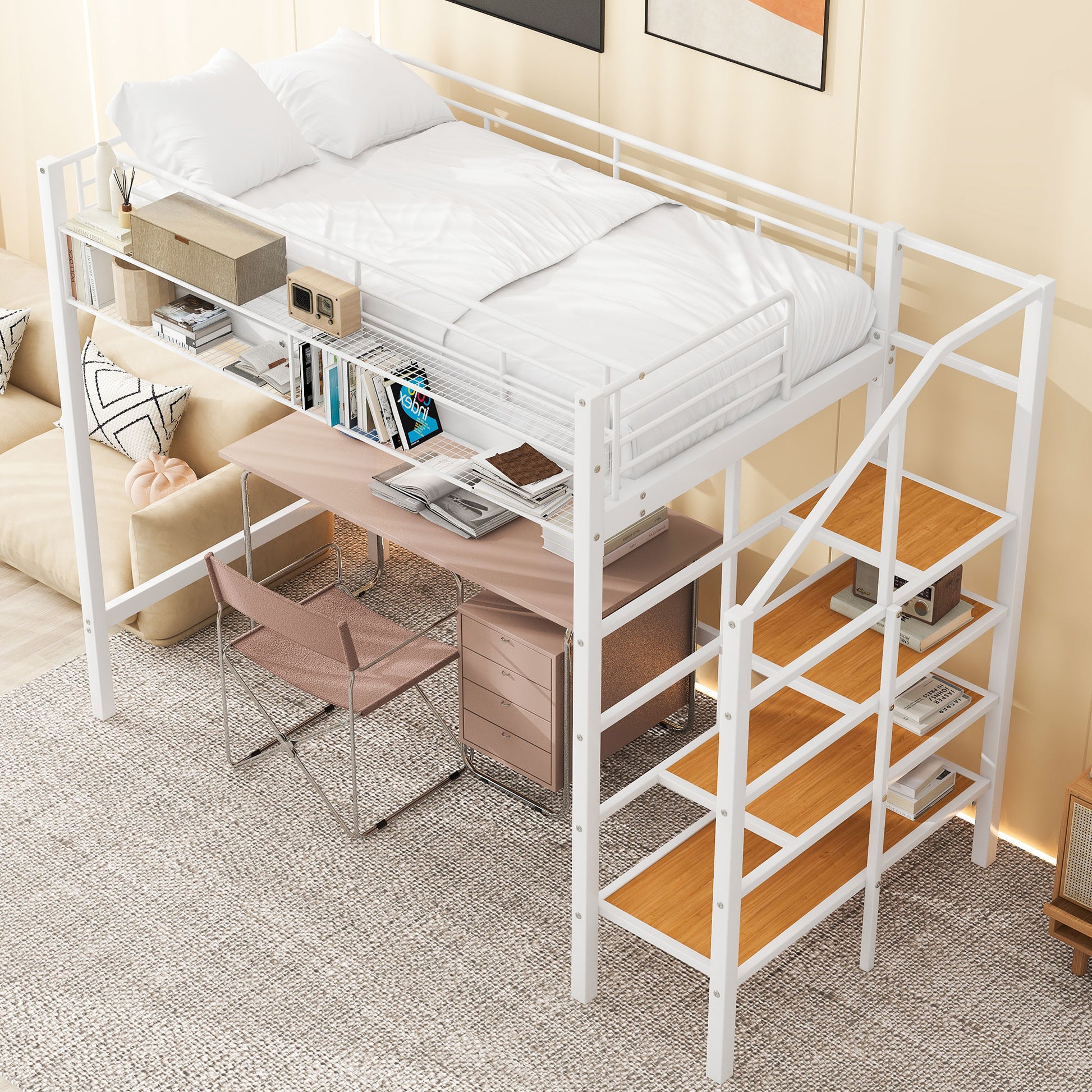 Twin Size Metal Loft Bed With Upper Grid Storage Shelf And Lateral Storage Ladder, White White Mdf Metal