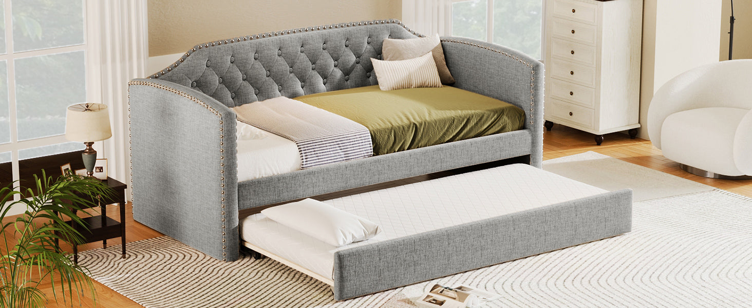 Twin Size Upholstered Daybed With Trundle For Guest Room, Small Bedroom, Study Room, Gray Box Spring Not Required Twin Gray Wood Bedroom Traditional Daybeds Linen Upholstered