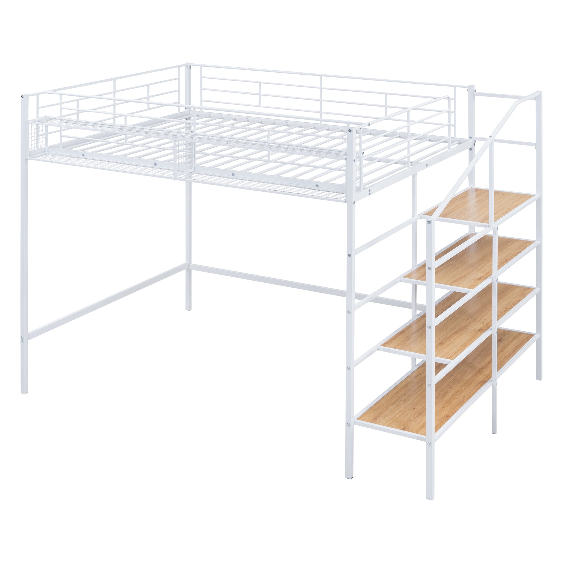 Full Size Metal Loft Bed With Upper Grid Storage Shelf And Lateral Storage Ladder, White White Mdf Metal