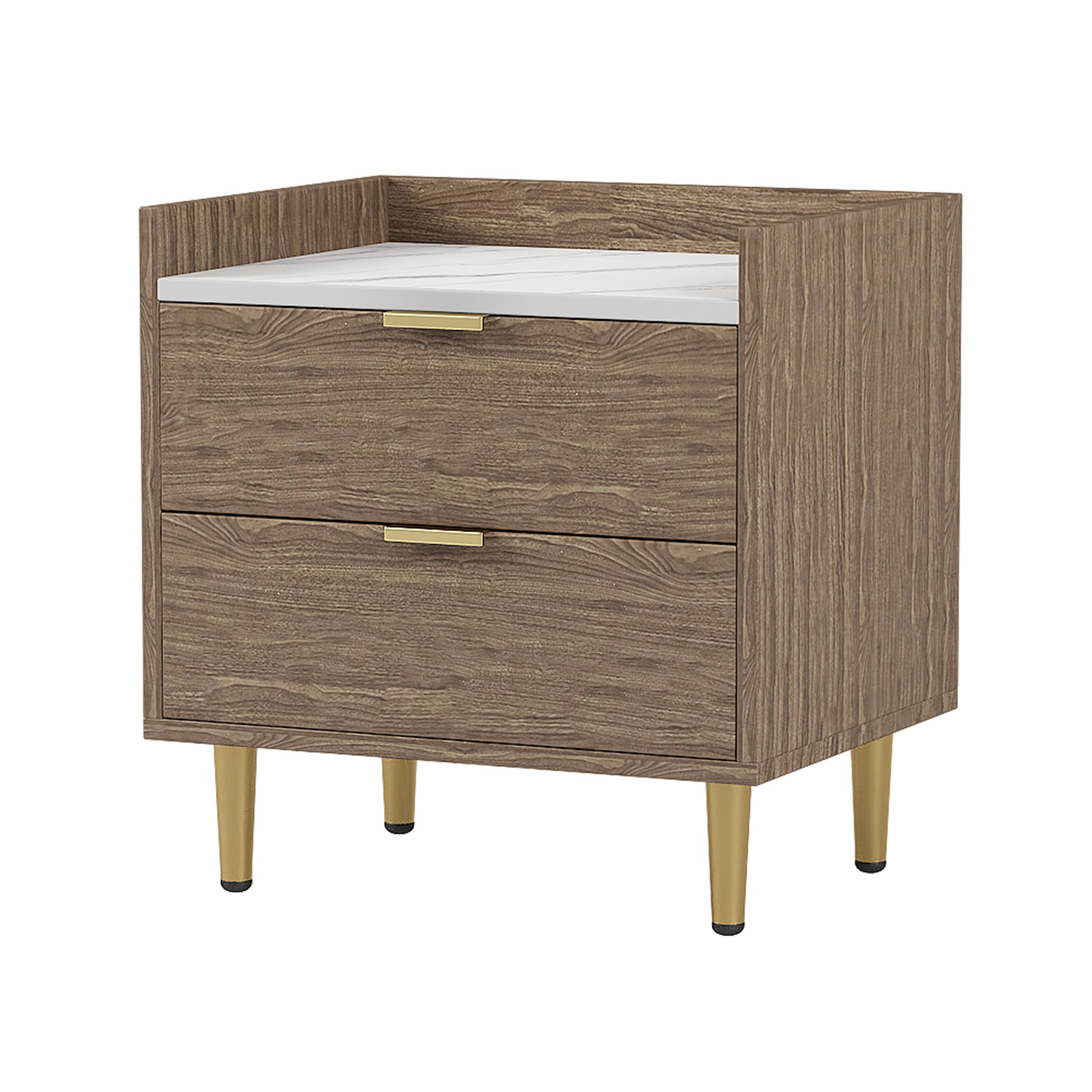 Wooden Nightstand With 2 Drawers And Marbling Worktop, Mordern Wood Bedside Table With Metal Legs&Handles, Walnut Walnut Mdf Metal