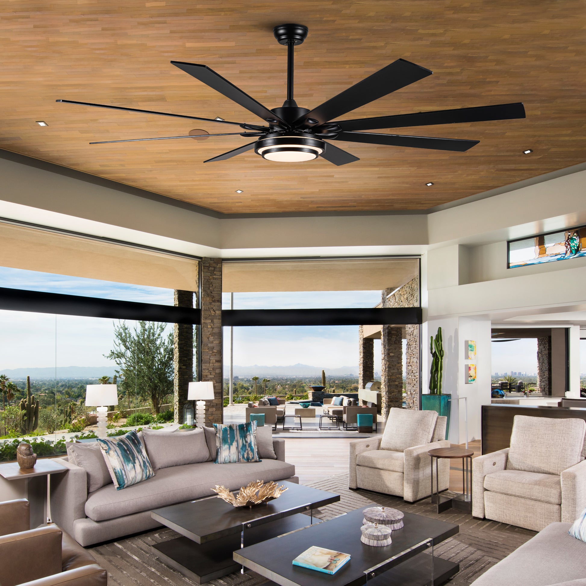 72" Integrated Led Matte Black Large Smart Ceiling Fan With Remote Control Black Plywood Metal