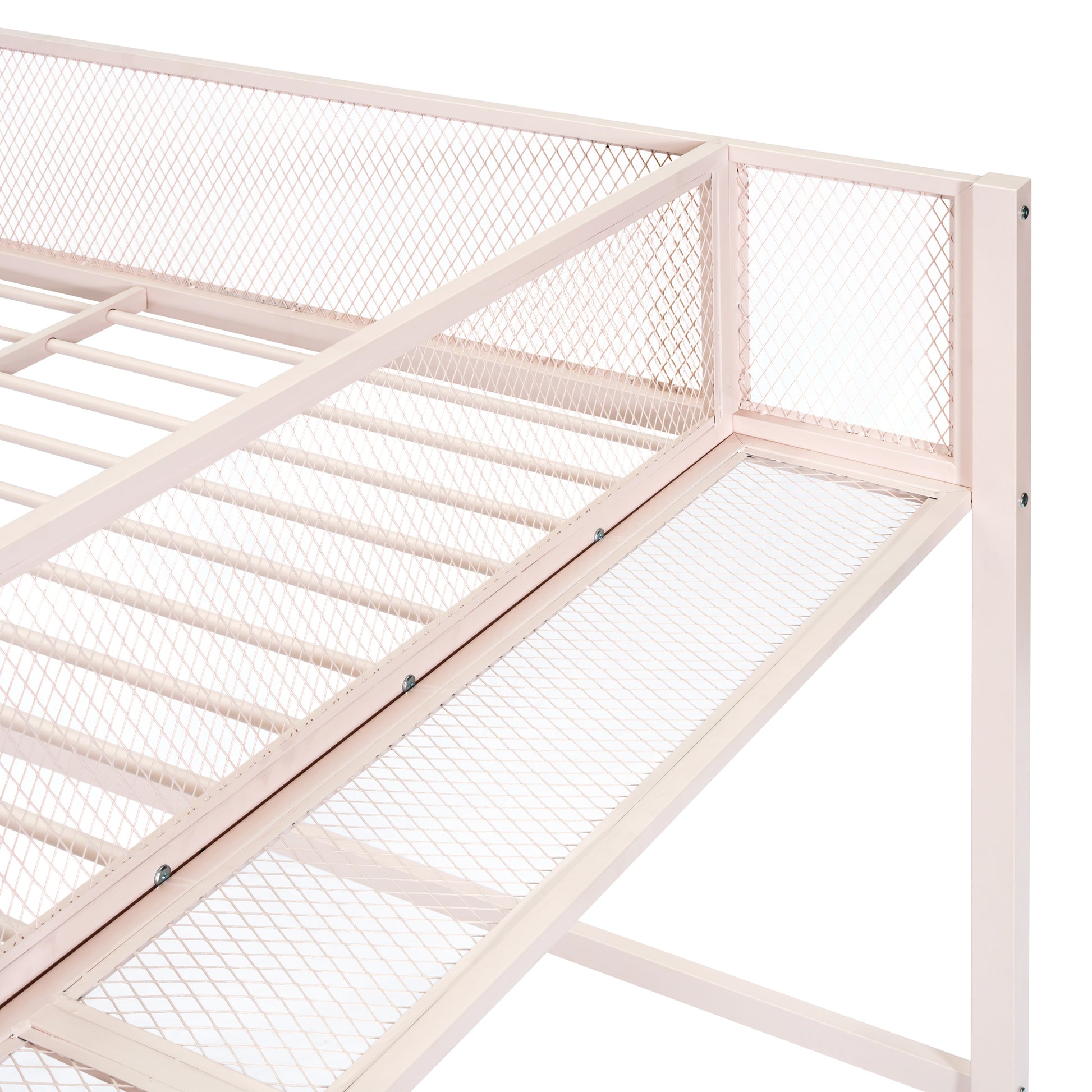 Full Size Metal Loft Bed With 4 Tier Shelves And Storage, Pink Full Pink Metal