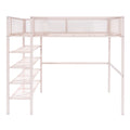 Full Size Metal Loft Bed With 4 Tier Shelves And Storage, Pink Full Pink Metal