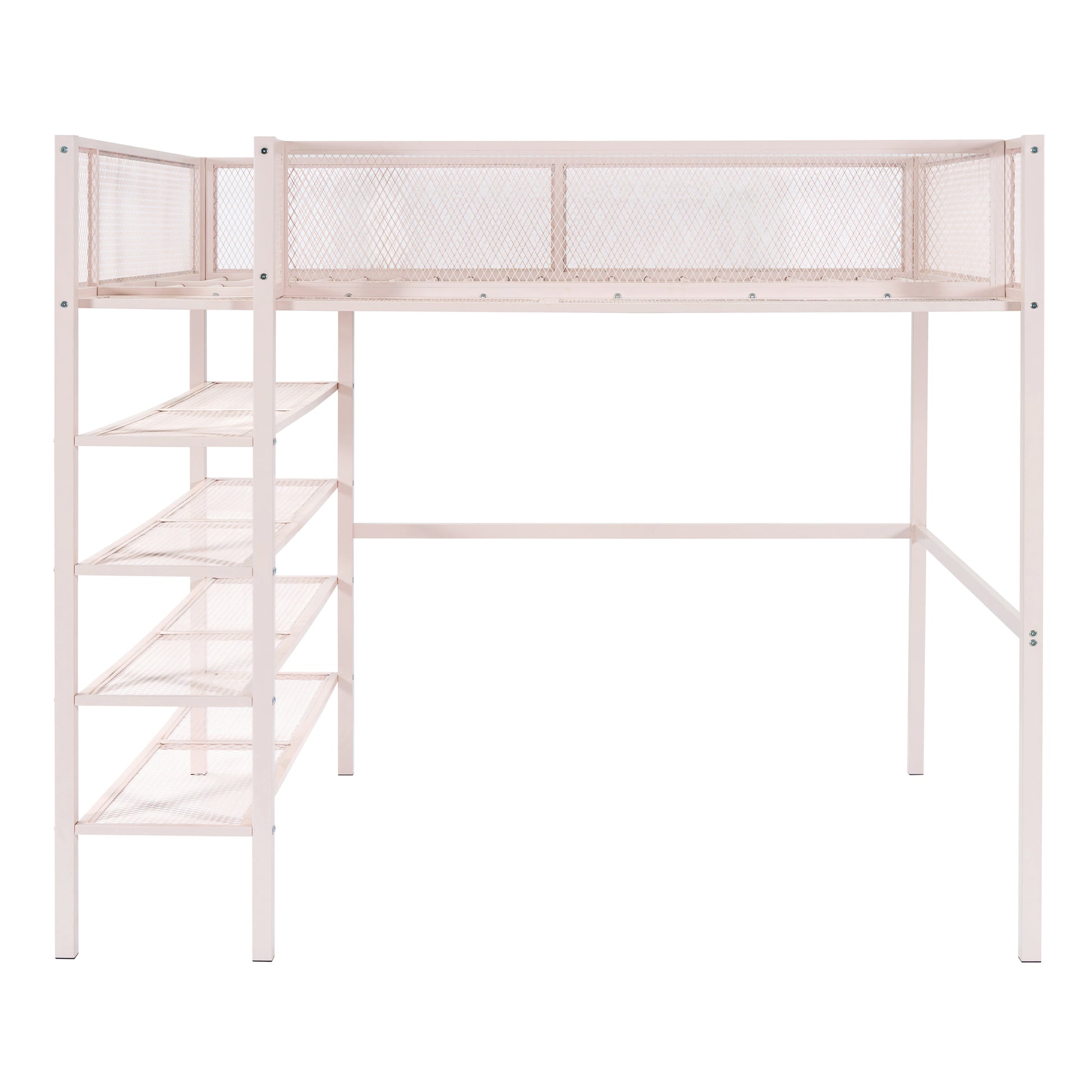 Full Size Metal Loft Bed With 4 Tier Shelves And Storage, Pink Full Pink Metal