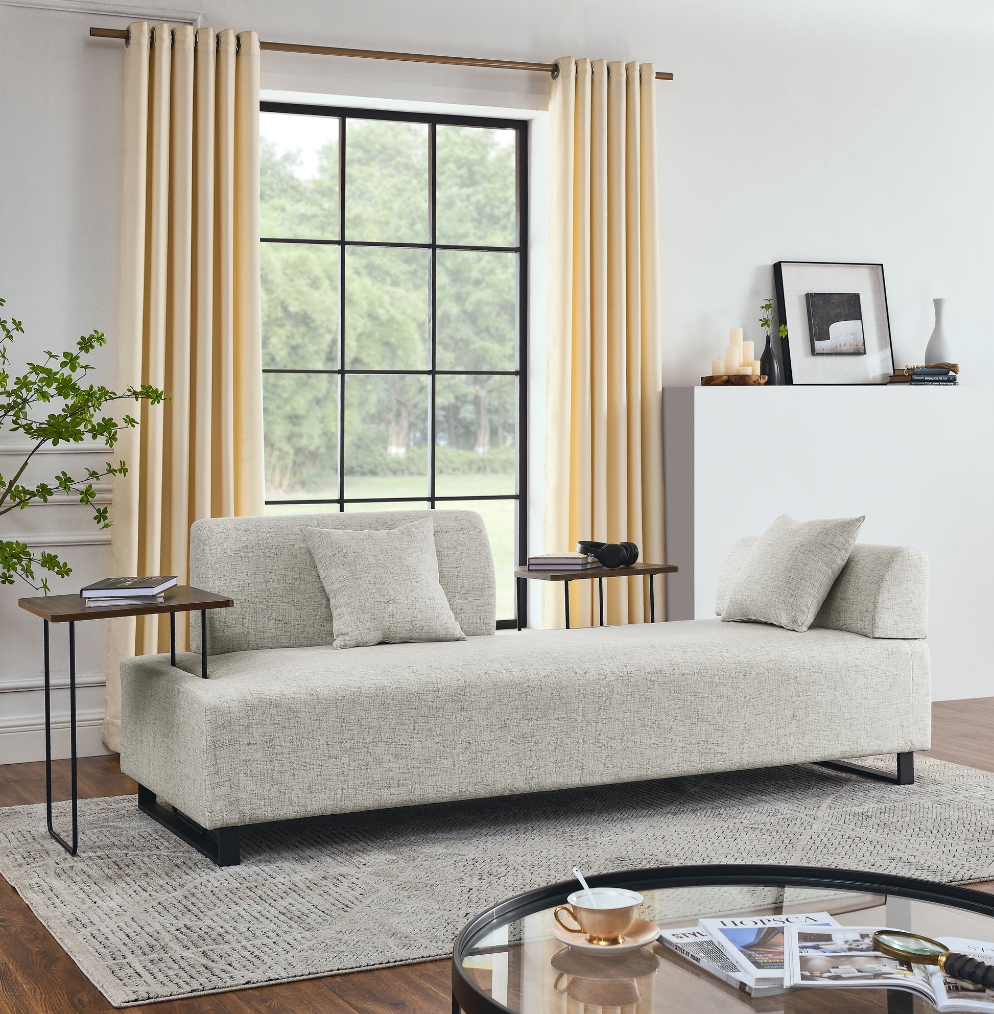 Linen Fabric 3 Seat Sofa With Two End Tables And Two Pillows, Removable Back And Armrest, Morden Style Upholstered 3 Seat Couch For Living Room Beige Linen Wood Medium Soft Loose Back Eucalyptus Square Arms Foam 3 Seat