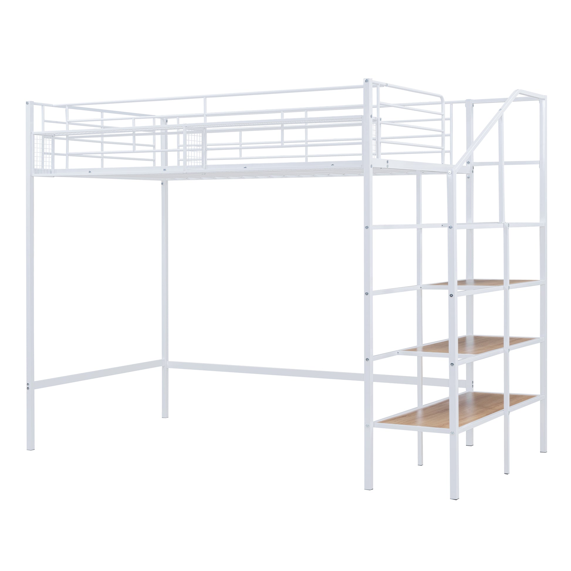 Twin Size Metal Loft Bed With Upper Grid Storage Shelf And Lateral Storage Ladder, White White Mdf Metal