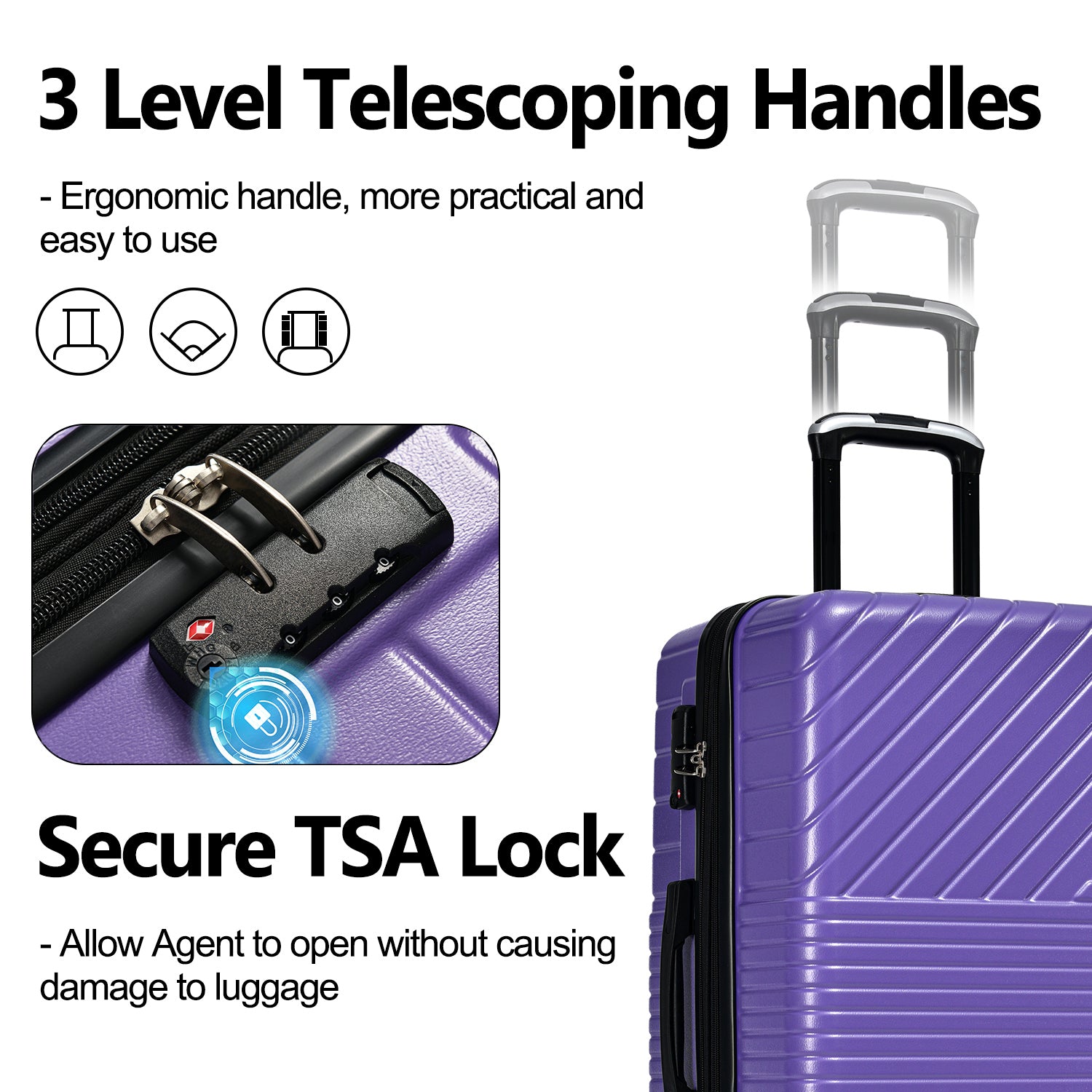 Hardshell Luggage Sets 3 Piece Double Spinner 8 Wheels Suitcase With Tsa Lock Lightweight 20''24''28'' Purple Abs