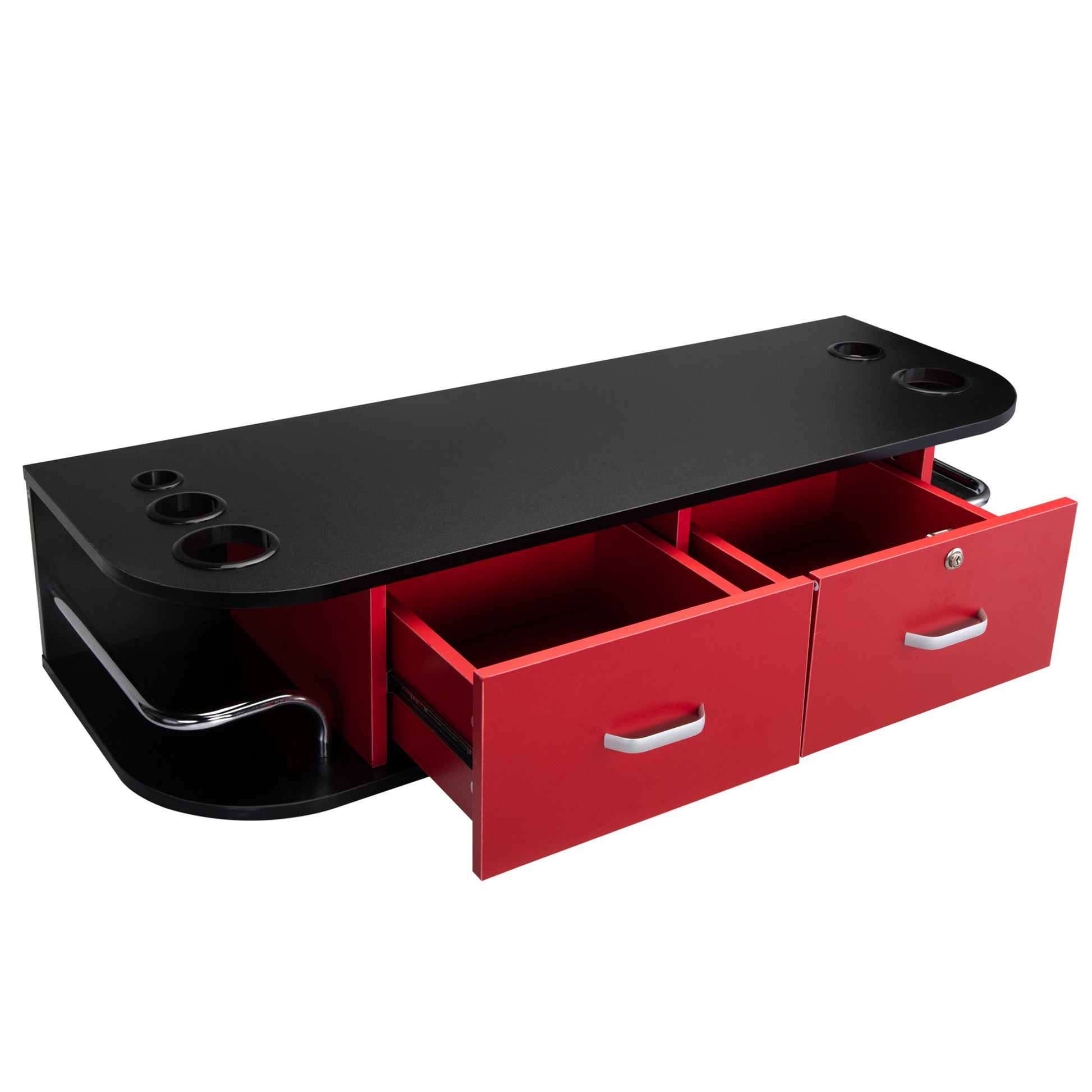 Classic Wall Mounted Beauty Salon, Barber Styling Station, Salon Equipment With Locking 2 Drawers, Black Red Black Red Particle Board