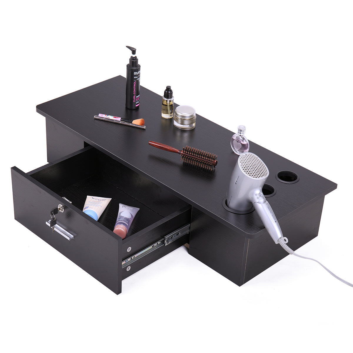 Classic Wall Mounted Styling Station With Drawer And Tool Holes, Vanity Table, Dressing Table, Equipment For Barber Beauty Spa Salon Shops, Black Black Particle Board