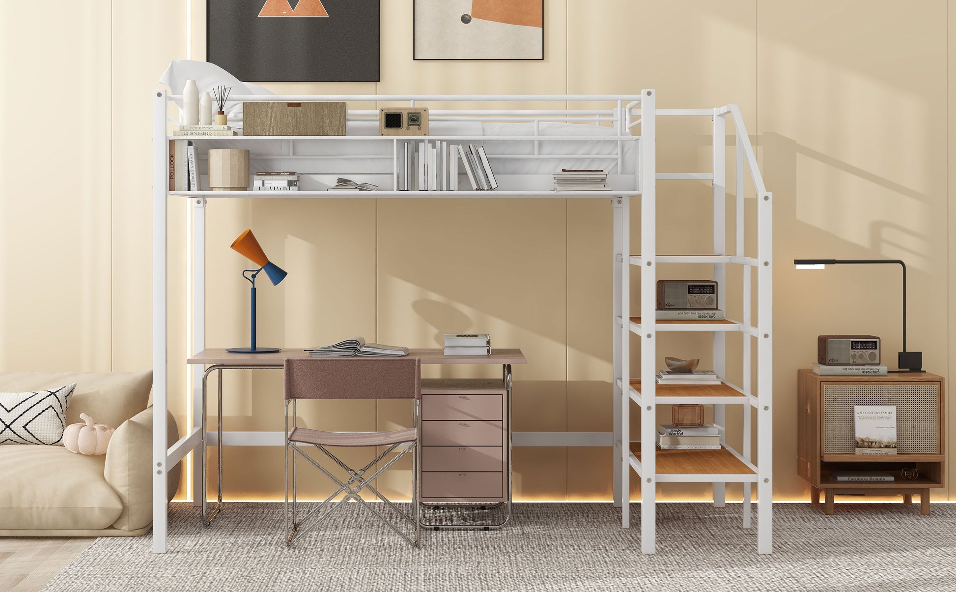 Twin Size Metal Loft Bed With Upper Grid Storage Shelf And Lateral Storage Ladder, White White Mdf Metal