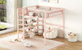 Full Size Metal Loft Bed With 4 Tier Shelves And Storage, Pink Full Pink Metal