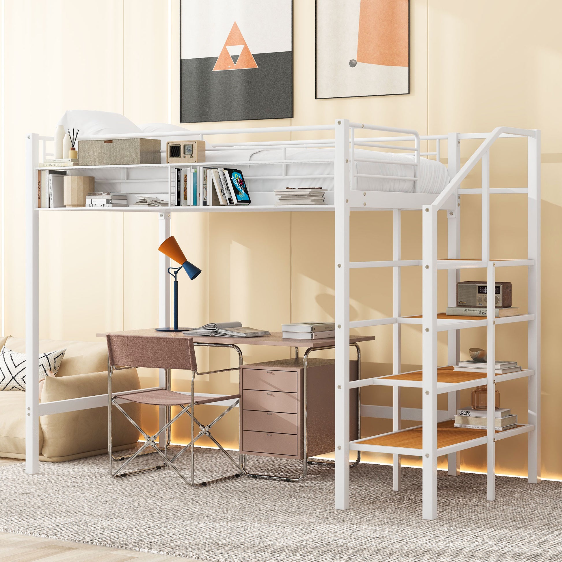 Twin Size Metal Loft Bed With Upper Grid Storage Shelf And Lateral Storage Ladder, White White Mdf Metal