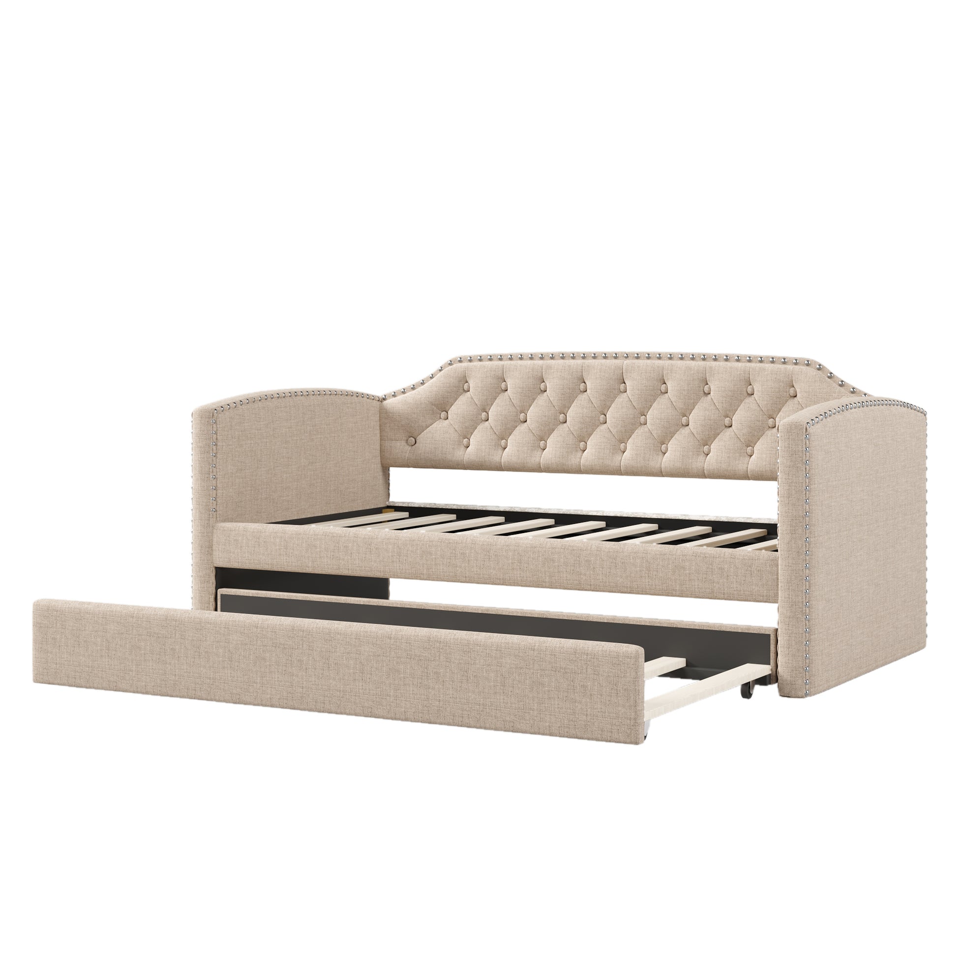 Twin Size Upholstered Daybed With Trundle For Guest Room, Small Bedroom, Study Room, Beige Box Spring Not Required Twin Beige Wood Bedroom Traditional Daybeds Linen Upholstered