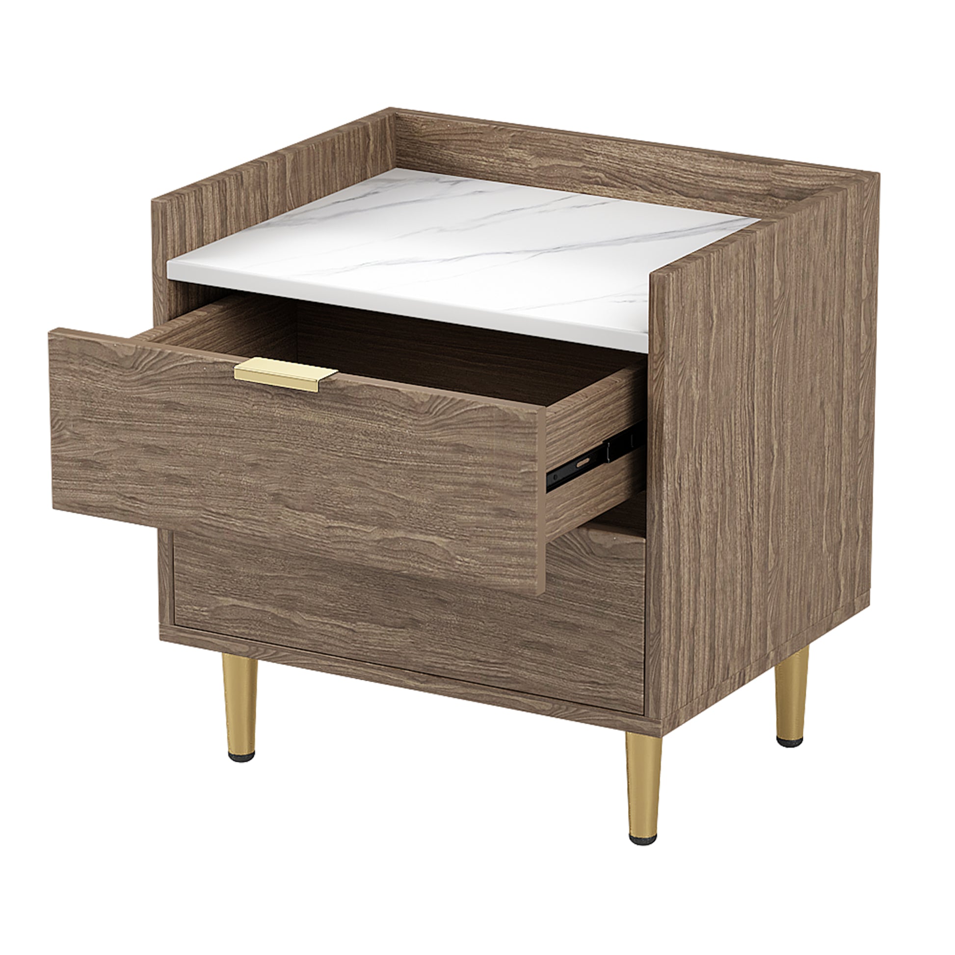 Wooden Nightstand With 2 Drawers And Marbling Worktop, Mordern Wood Bedside Table With Metal Legs&Handles, Walnut Walnut Mdf Metal