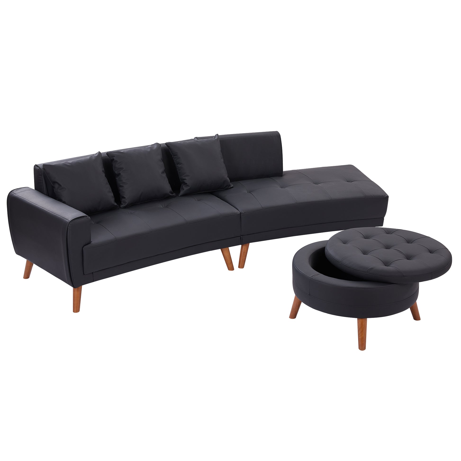 107" Contemporary Sofa Stylish Sofa Couch With A Round Storage Ottoman And Three Removable Pillows For Living Room, Black Black Pu