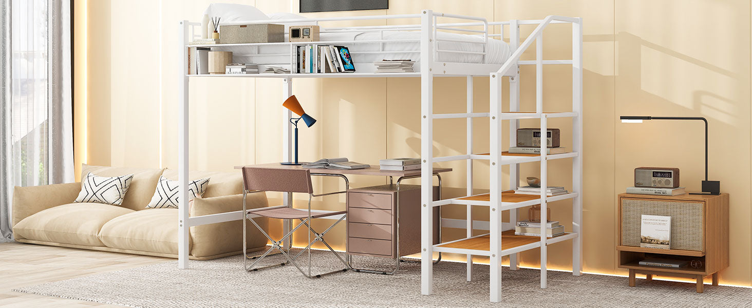 Twin Size Metal Loft Bed With Upper Grid Storage Shelf And Lateral Storage Ladder, White White Mdf Metal