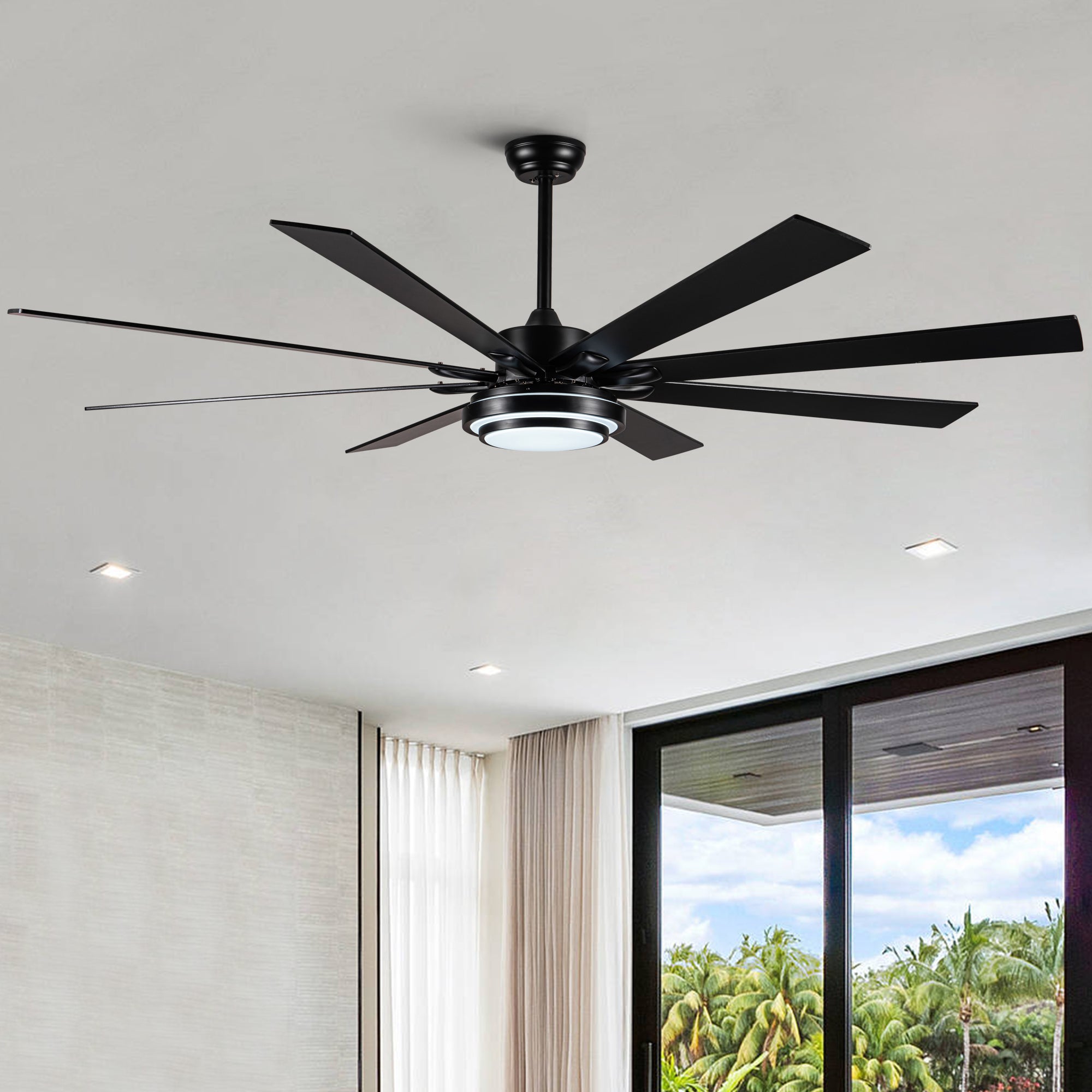 72" Integrated Led Matte Black Large Smart Ceiling Fan With Remote Control Black Plywood Metal