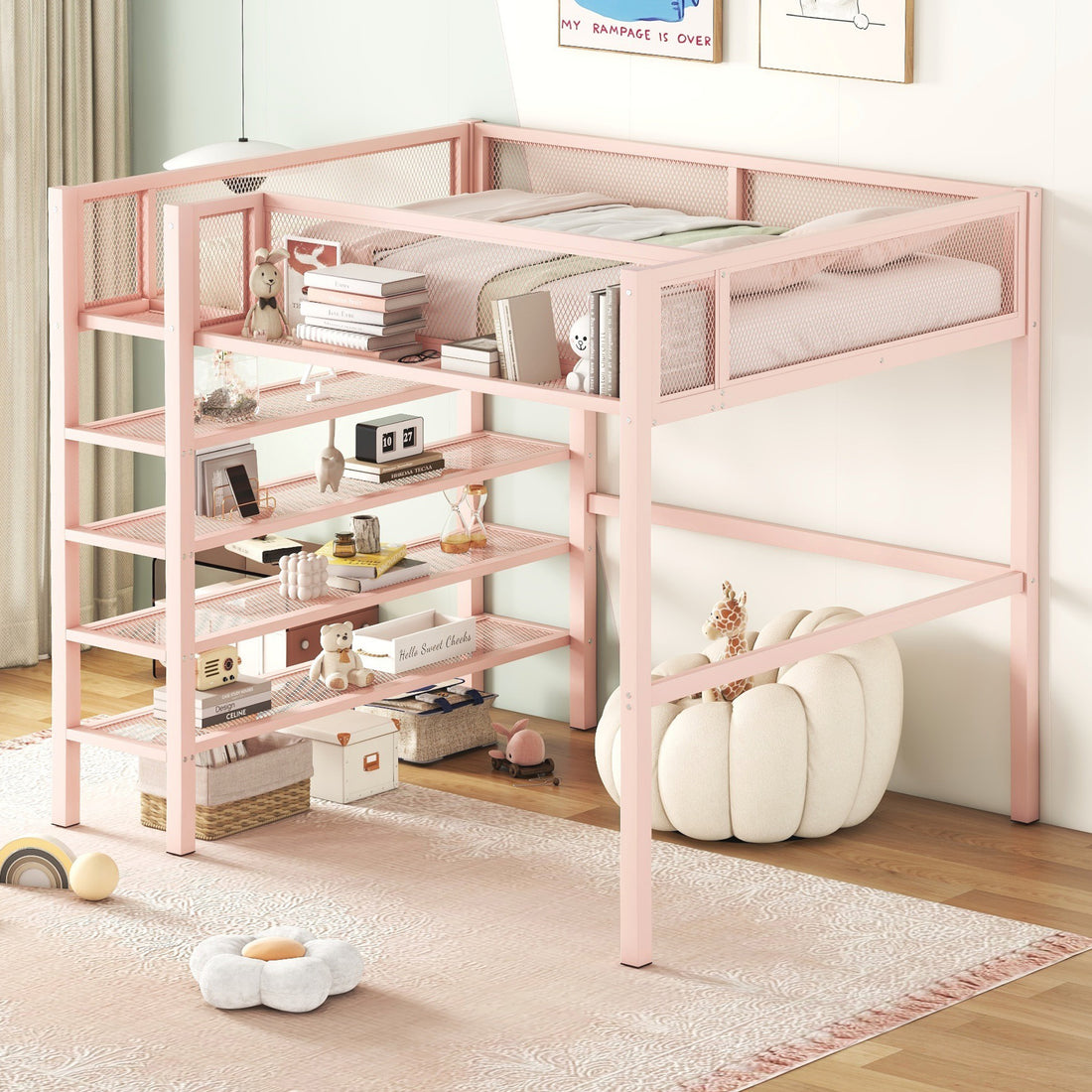 Full Size Metal Loft Bed With 4 Tier Shelves And Storage, Pink Full Pink Metal