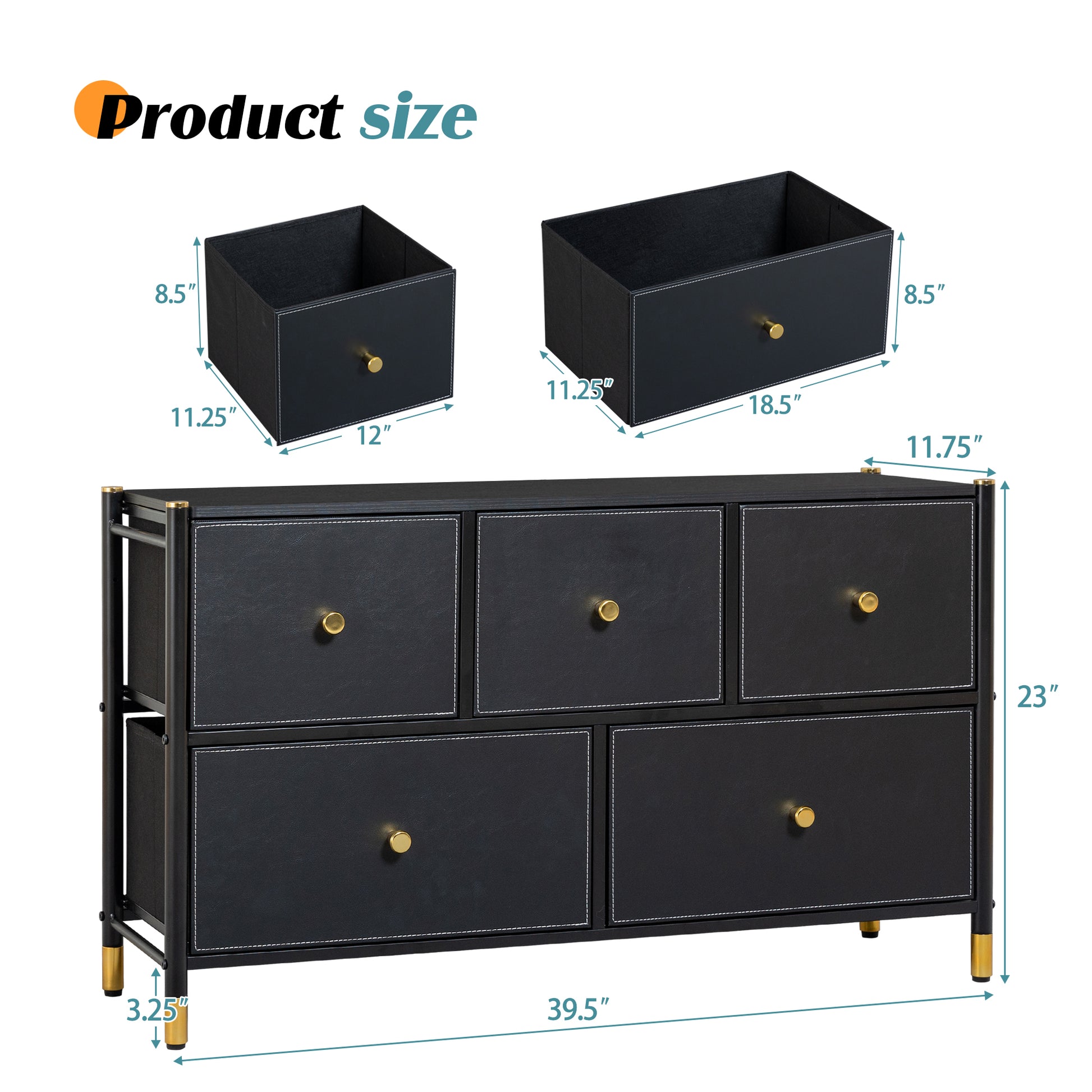 Drawer Dresser Cabinet ,All Dresser With 5 Pu Leather Front Drawers, Storage Tower With Fabric Bins, Double Dresser, Chest Of Drawers For Closet, Living Room, Hallway, Children'S Room, Color:Black 5 Or More Drawers Black Primary Living Space Drawers