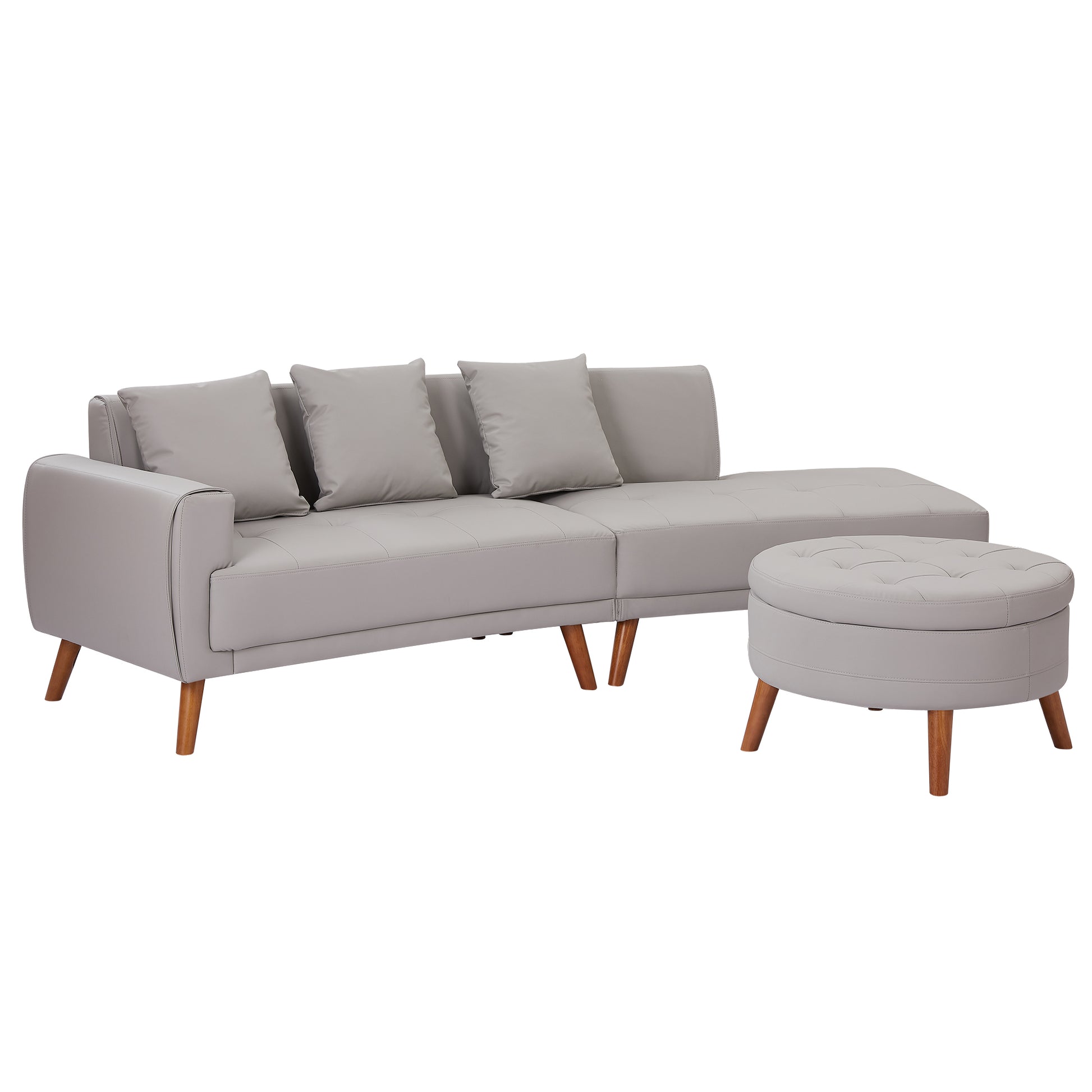 107" Contemporary Sofa Stylish Sofa Couch With A Round Storage Ottoman And Three Removable Pillows For Living Room, Grey Grey Pu 2 Seat