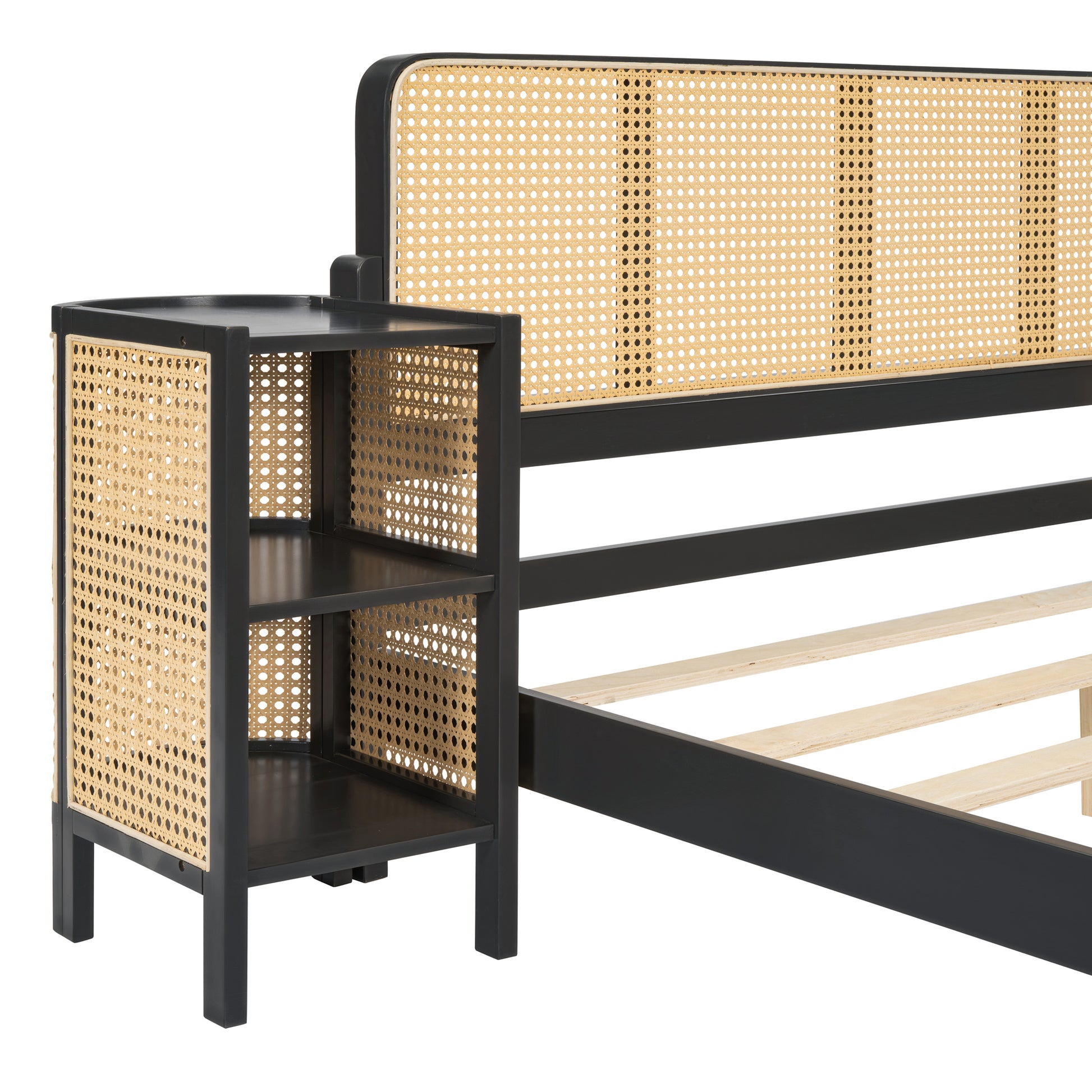 3 Pieces Rattan Platform Full Size Bed With 2 Nightstands,Espresso Espresso Rattan