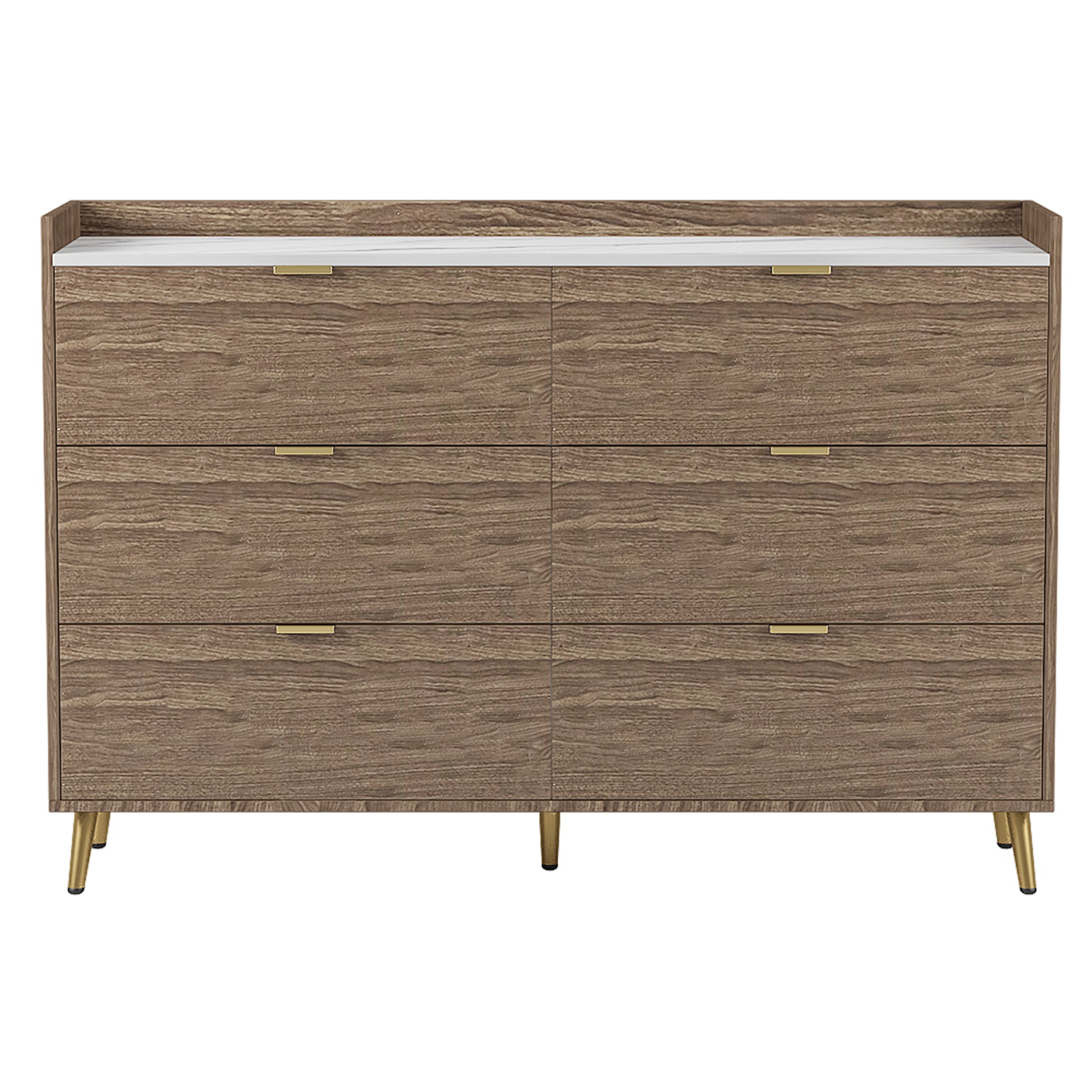 55" Long 6 Drawer Dresser With Marbling Worktop, Mordern Storage Cabinet With Metal Leg And Handle For Bedroom,Walnut Walnut Mdf Metal