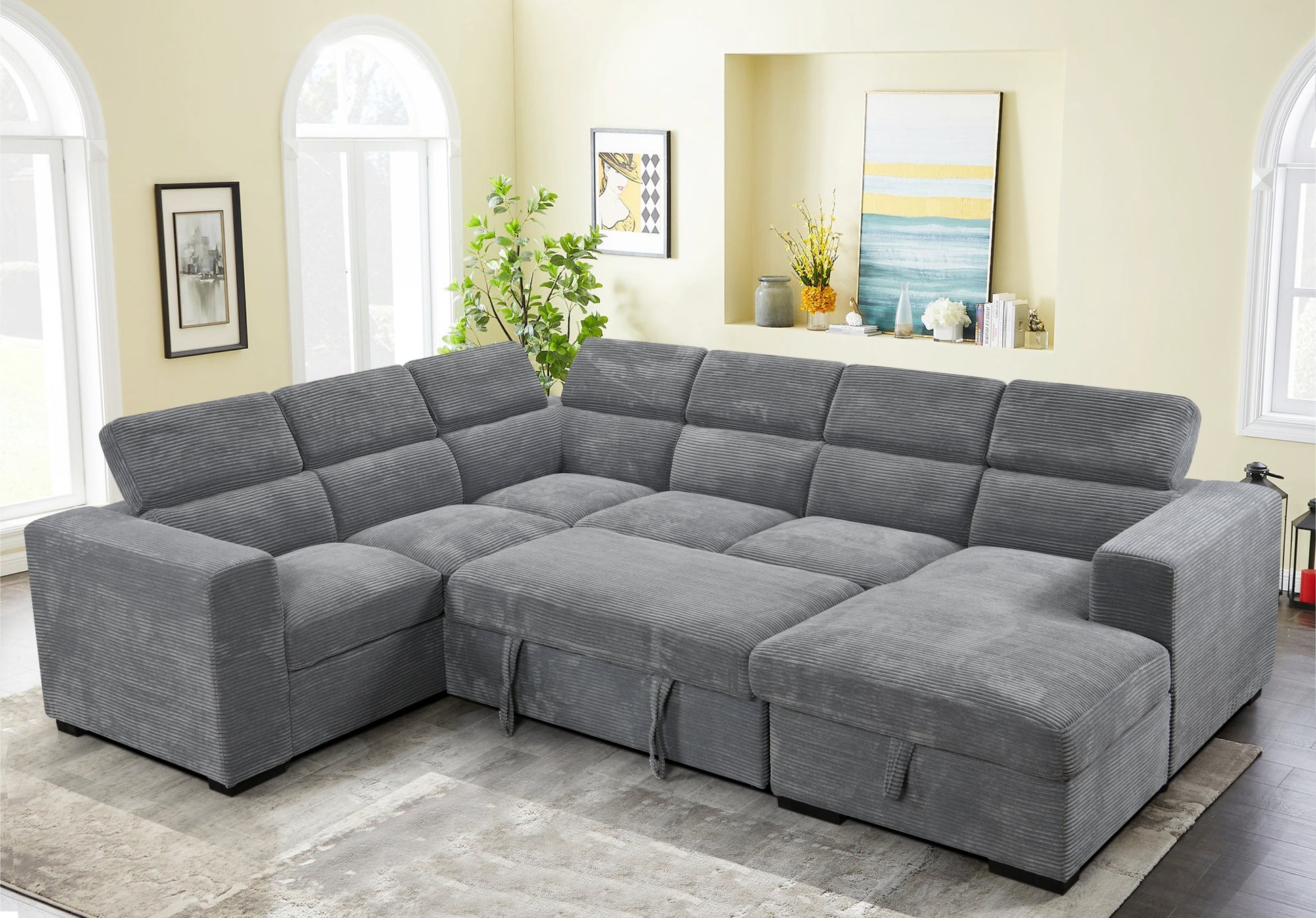 123" Oversized Modern U Shaped 7 Seat Sectional Sofa Couch With Adjustable Headrest, Sofa Bed With Storage Chaise,Pull Out Couch Bed For Living Room ,Dark Gray Light Brown Wood Primary Living Space Heavy Duty Eucalyptus 7 Seat Dark Gray Polyester Soft