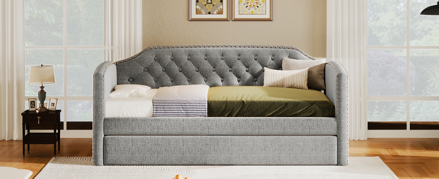 Twin Size Upholstered Daybed With Trundle For Guest Room, Small Bedroom, Study Room, Gray Box Spring Not Required Twin Gray Wood Bedroom Traditional Daybeds Linen Upholstered