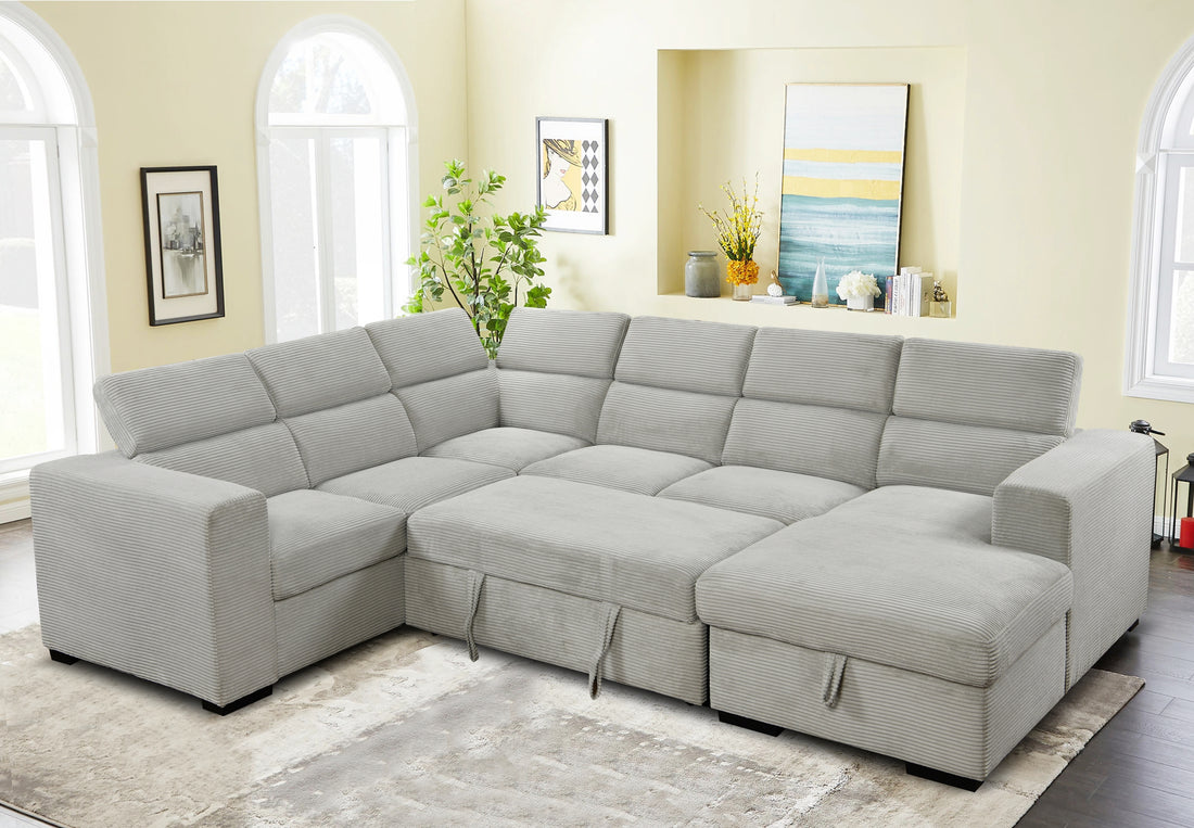 123" Oversized Modern U Shaped 7 Seat Sectional Sofa Couch With Adjustable Headrest, Sofa Bed With Storage Chaise,Pull Out Couch Bed For Living Room ,Light Gray Light Brown Wood Primary Living Space Heavy Duty Eucalyptus 7 Seat Light Gray Polyester Soft