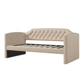 Twin Size Upholstered Daybed With Trundle For Guest Room, Small Bedroom, Study Room, Beige Box Spring Not Required Twin Beige Wood Bedroom Traditional Daybeds Linen Upholstered