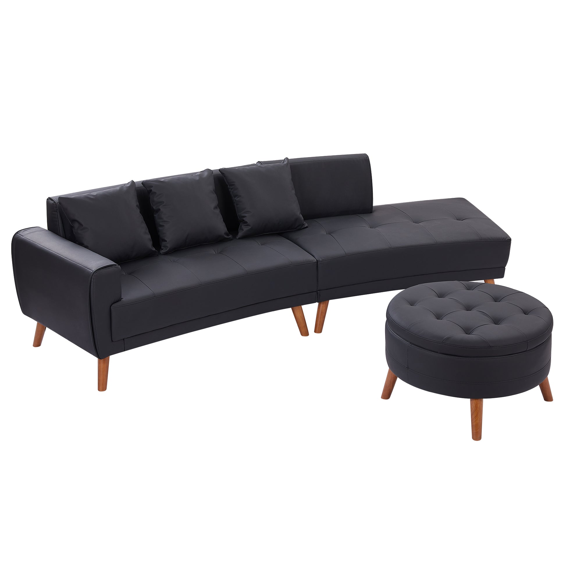 107" Contemporary Sofa Stylish Sofa Couch With A Round Storage Ottoman And Three Removable Pillows For Living Room, Black Black Pu