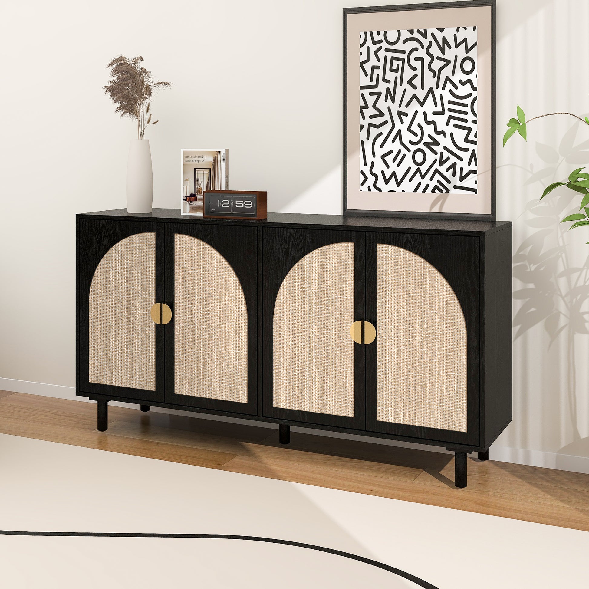 4 Door Cabinet, Suitable For Bedroom, Living Room, Study Black Mdf