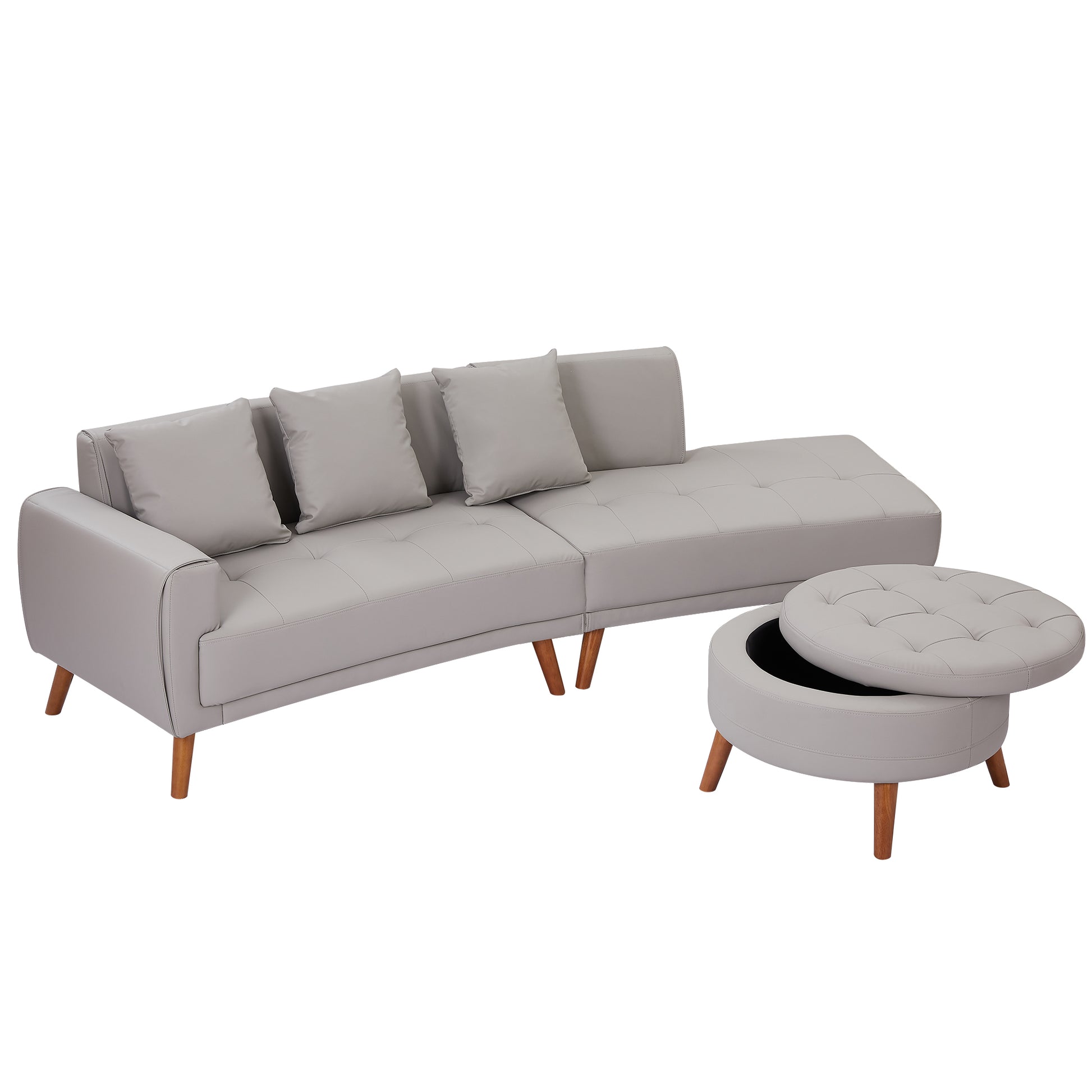 107" Contemporary Sofa Stylish Sofa Couch With A Round Storage Ottoman And Three Removable Pillows For Living Room, Grey Grey Pu 2 Seat