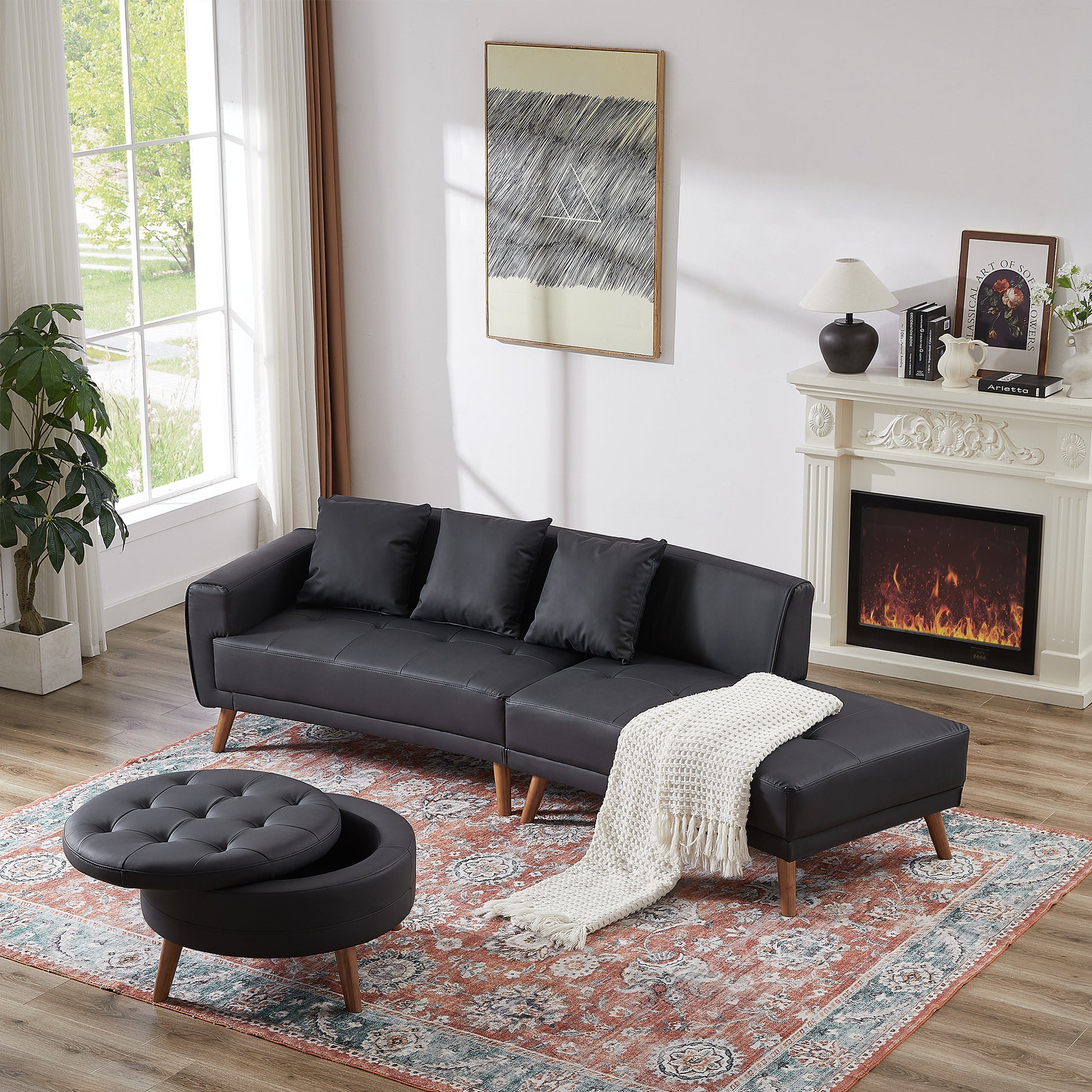 107" Contemporary Sofa Stylish Sofa Couch With A Round Storage Ottoman And Three Removable Pillows For Living Room, Black Black Pu